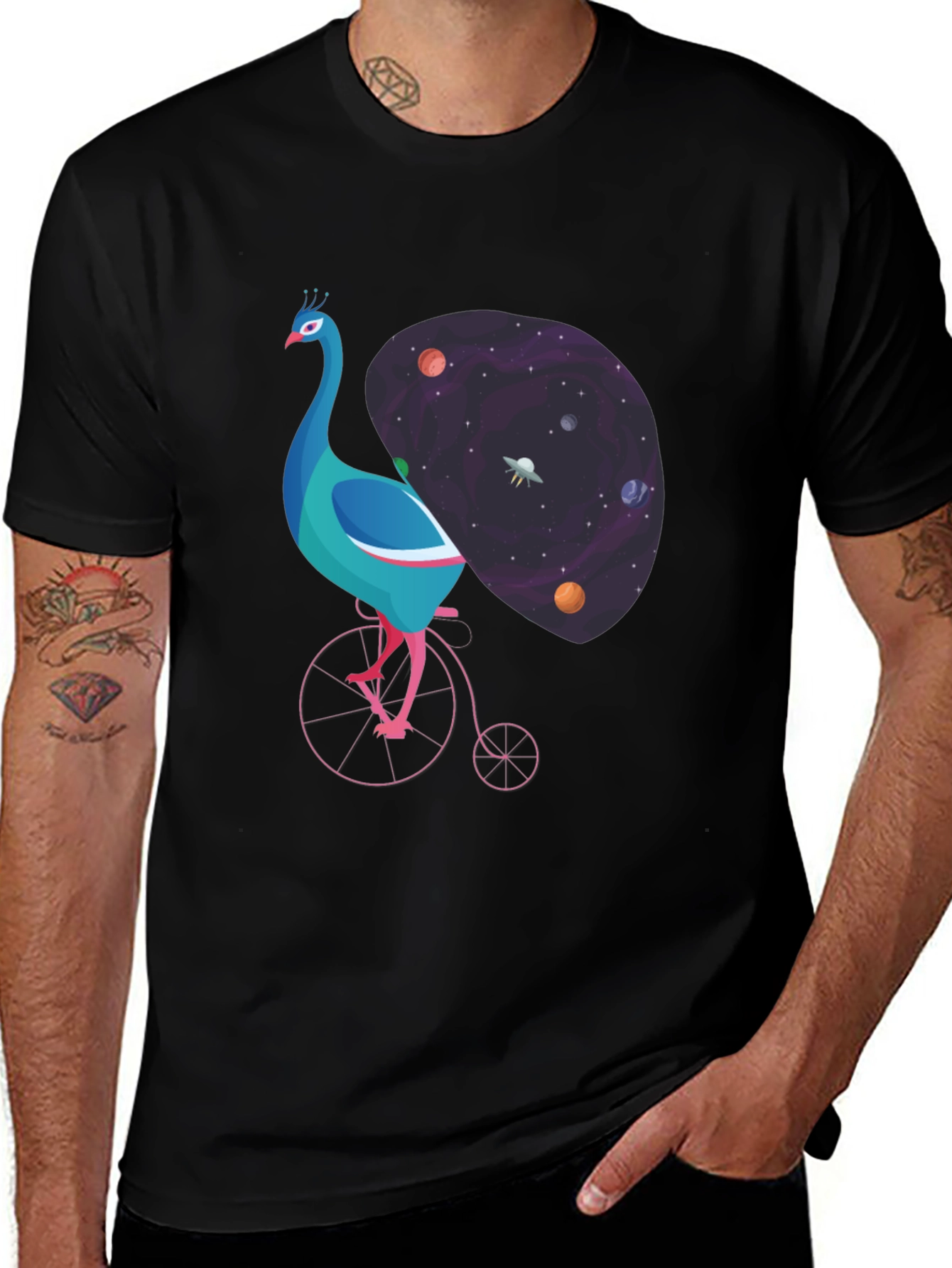 Black Cosmic Peacock Bike Graphic Tee main image