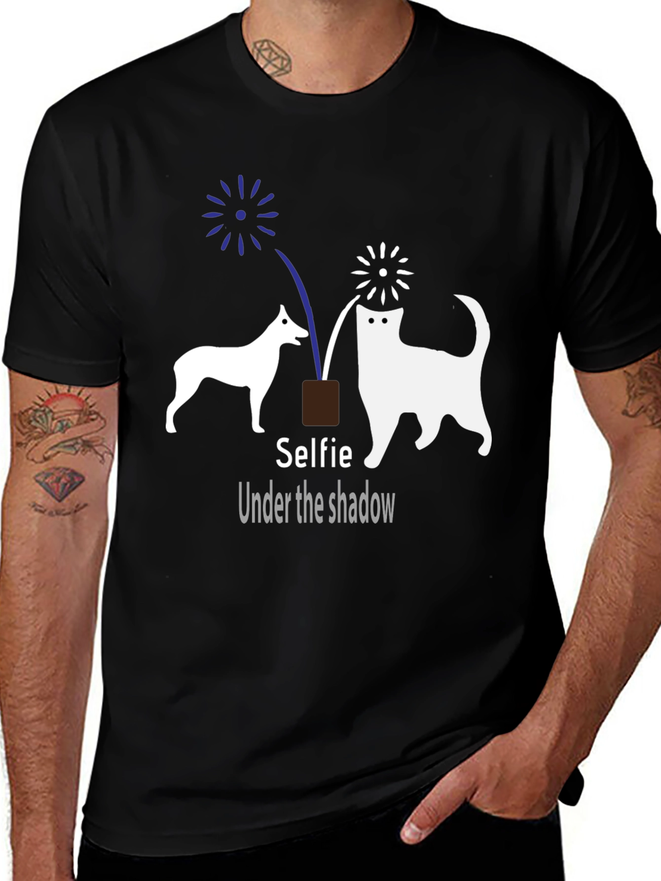 Variant 2 of Selfie Under Shadow T-Shirt - Cat & Dog Fireworks