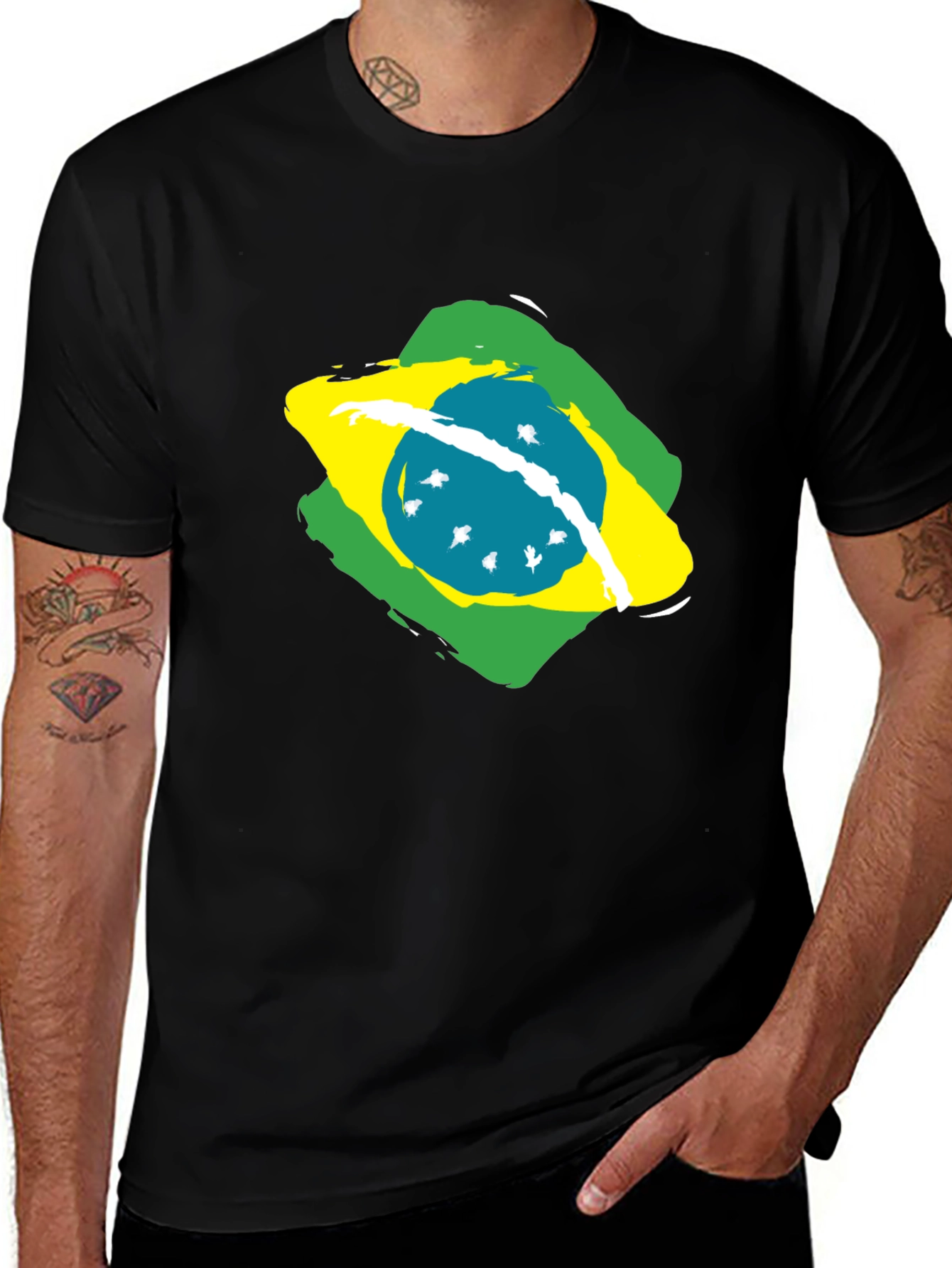 Brazil Flag Graphic Tee - Black Cotton T-Shirt