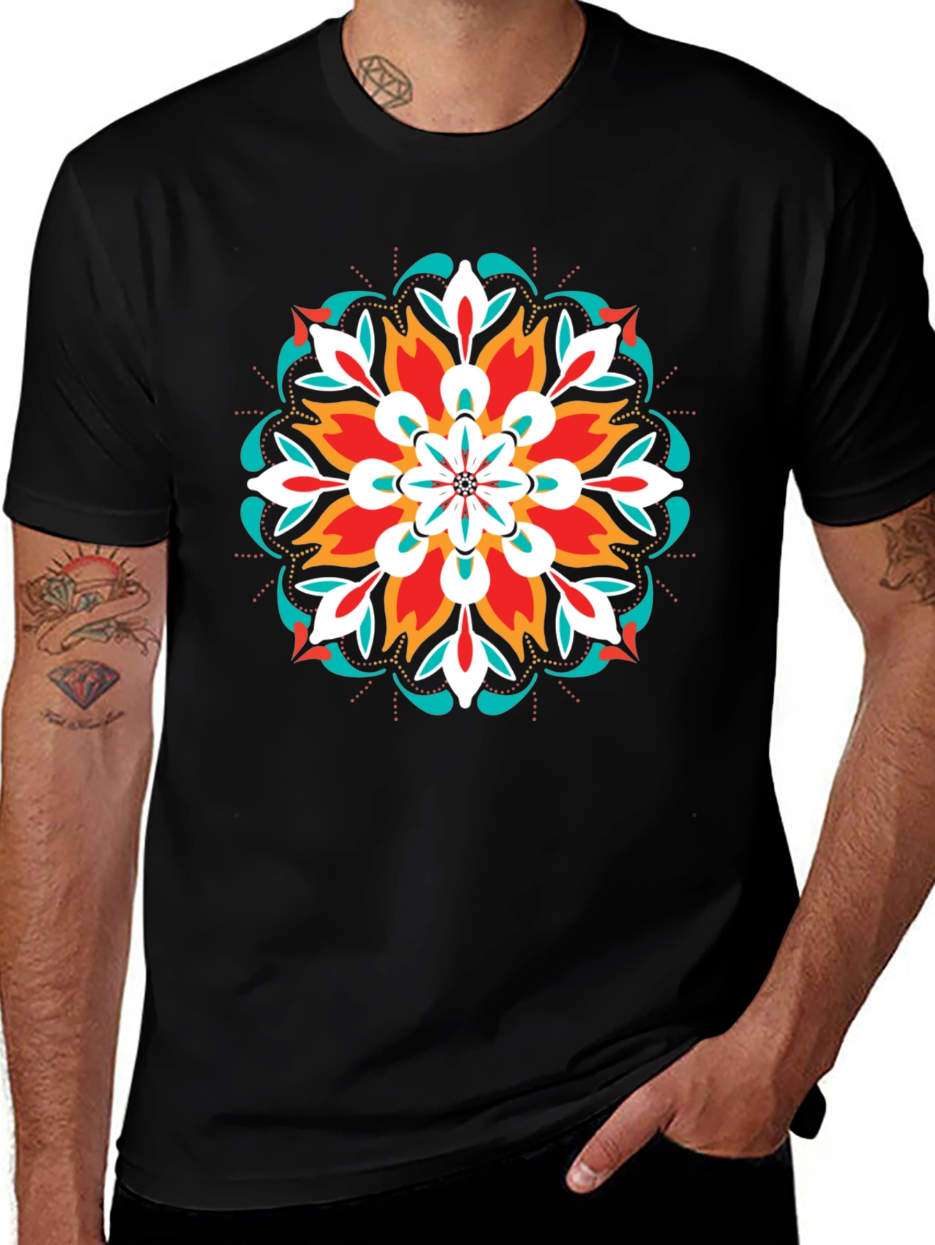 Variant 22 of Floral Mandala Graphic Tee - Black Cotton T-Shirt
