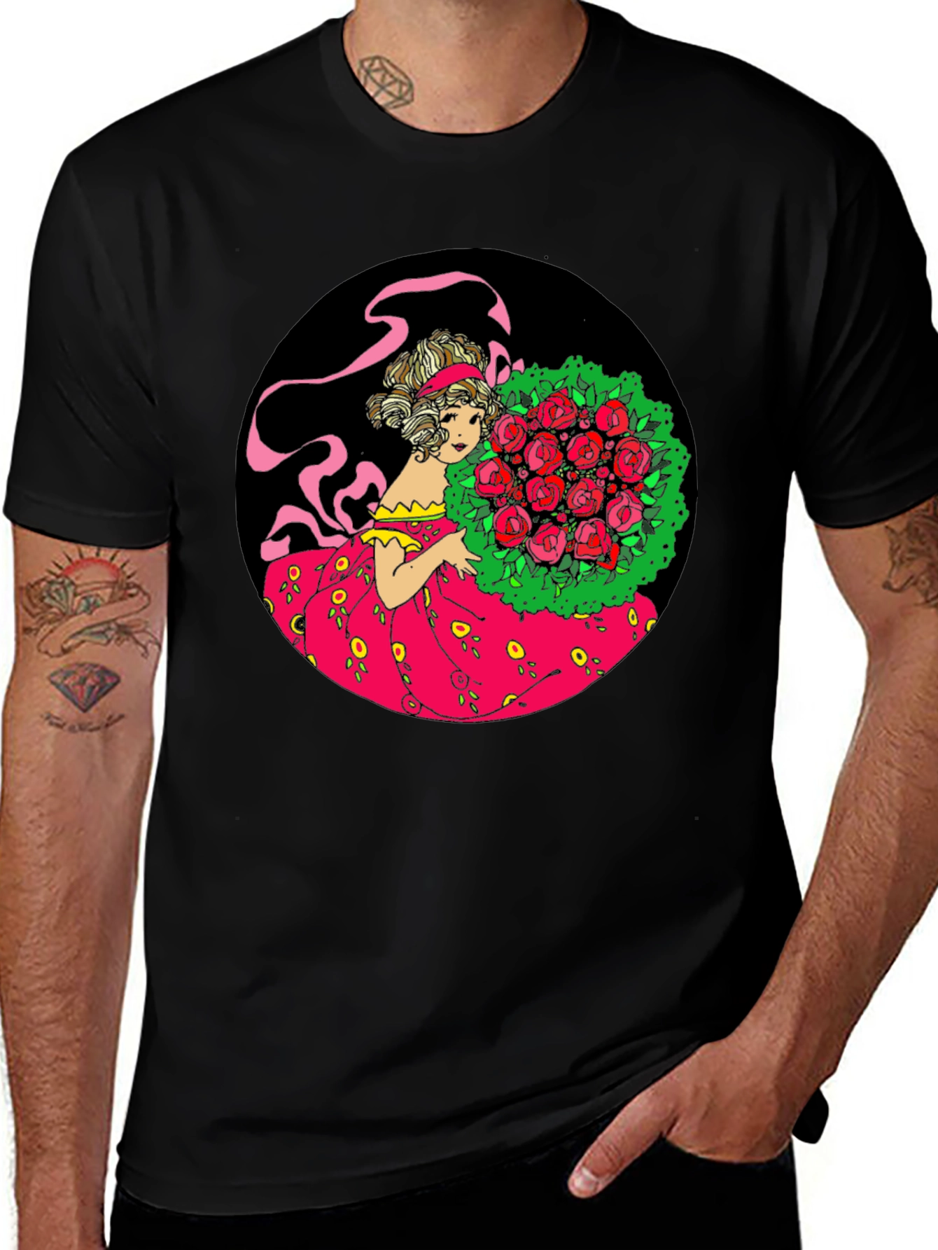 Elegant Lady & Roses Graphic Tee - Black