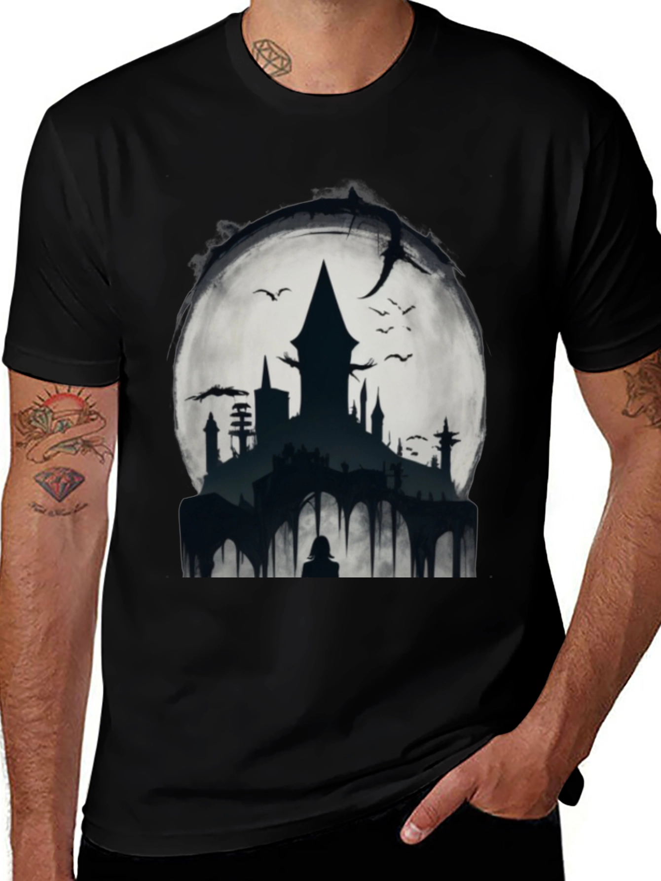 Variant 8 of Moonlit Castle Graphic Tee - Gothic Style Shirt
