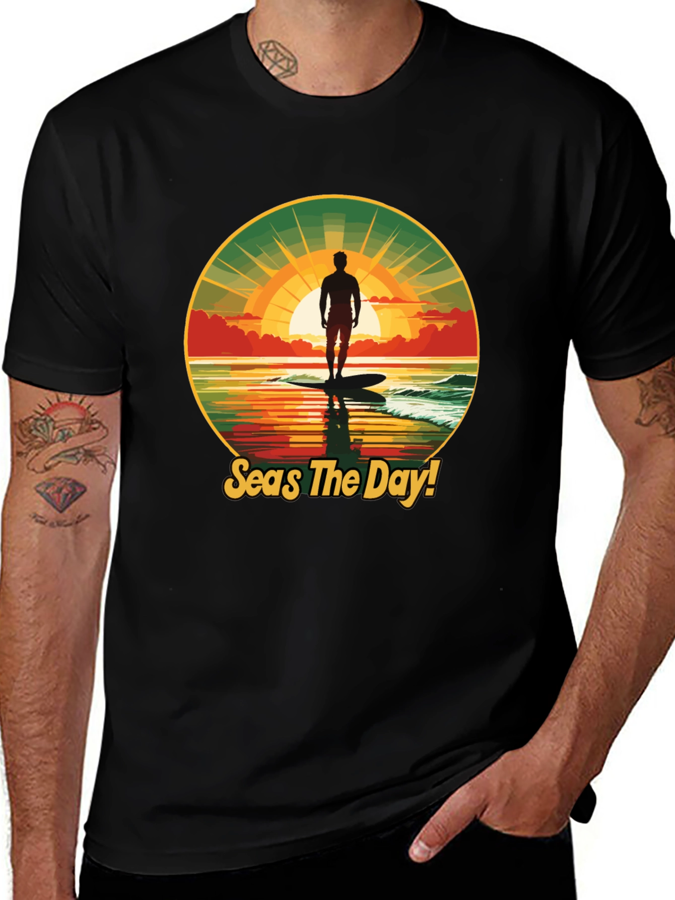 Seas The Day! Surfer Graphic Black T-Shirt