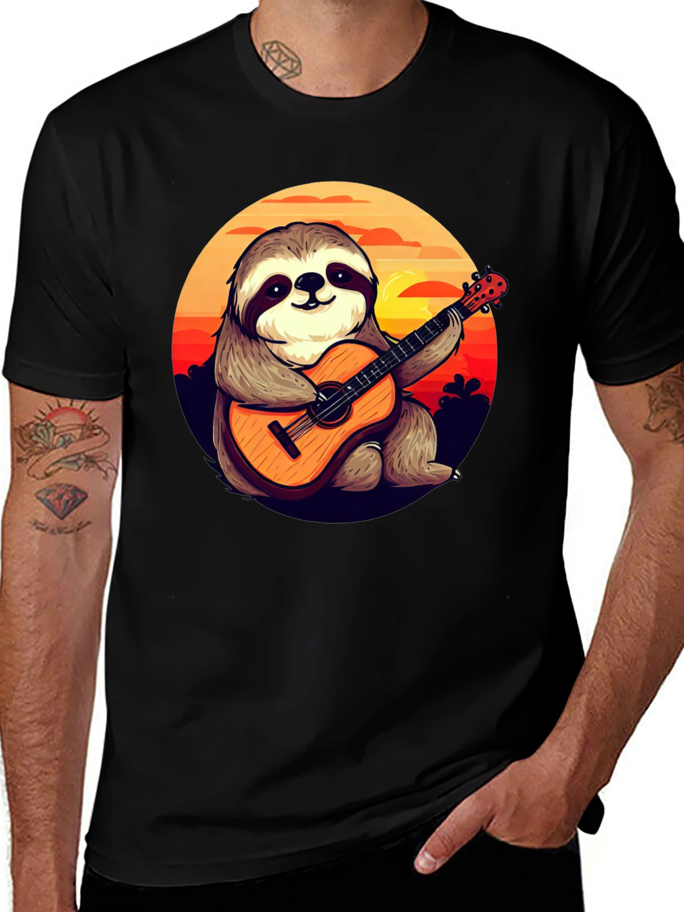 Variant 22 of Sloth Guitarist T-Shirt - Sunset Serenade Tee