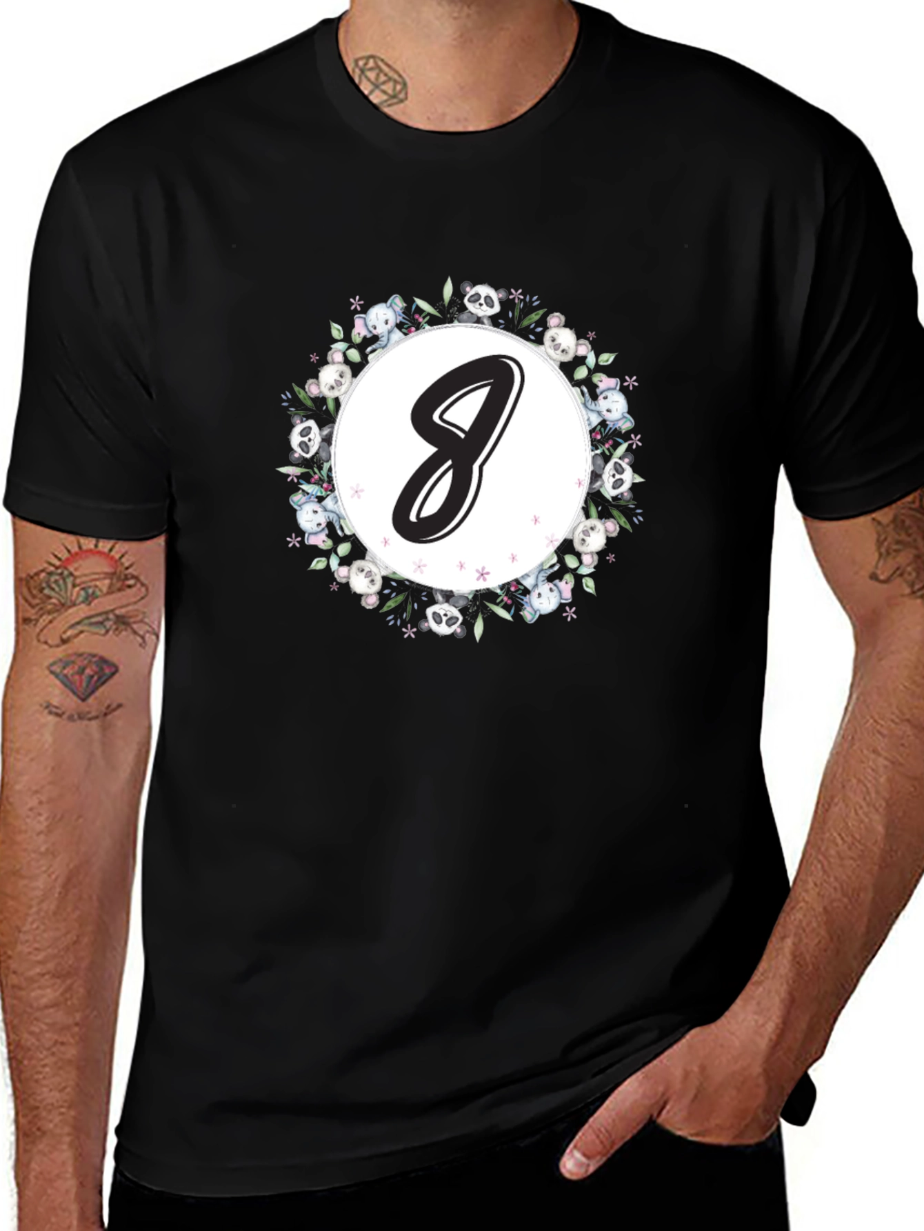 Variant 13 of Cute '8' Panda Floral Wreath Black T-Shirt