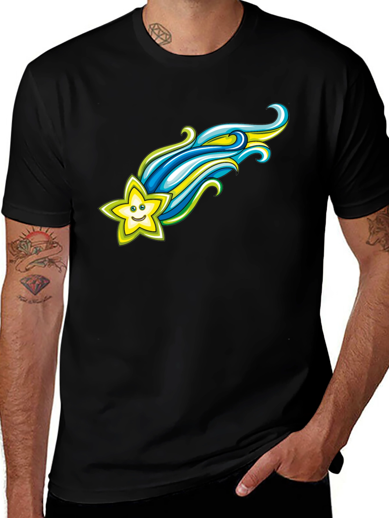 Variant 22 of Smiling Shooting Star Graphic Tee - Black Cotton Comfort