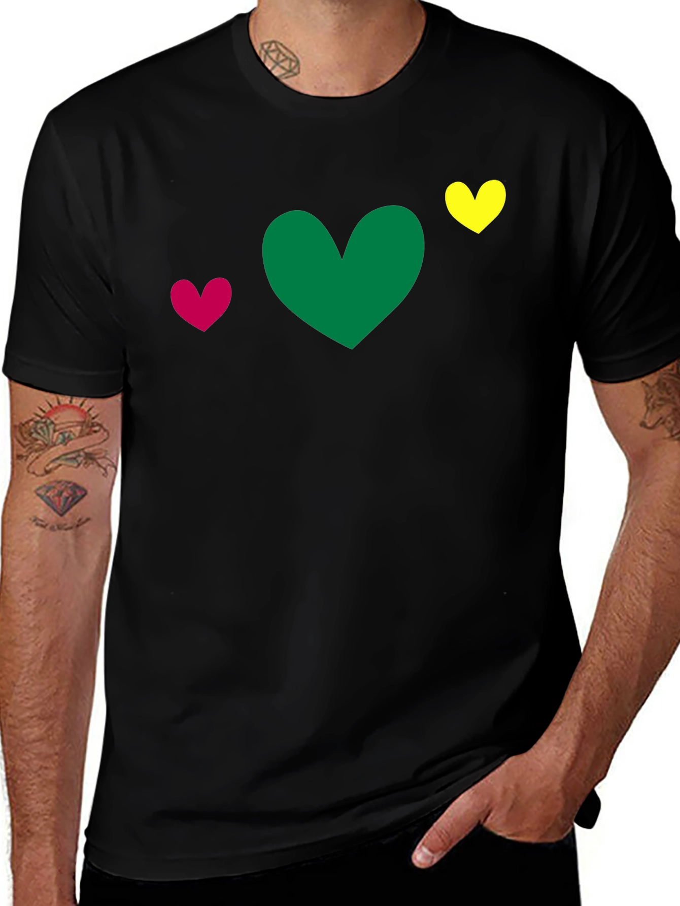 Variant 25 of Heart Trio T-Shirt - Green, Pink, Yellow Hearts