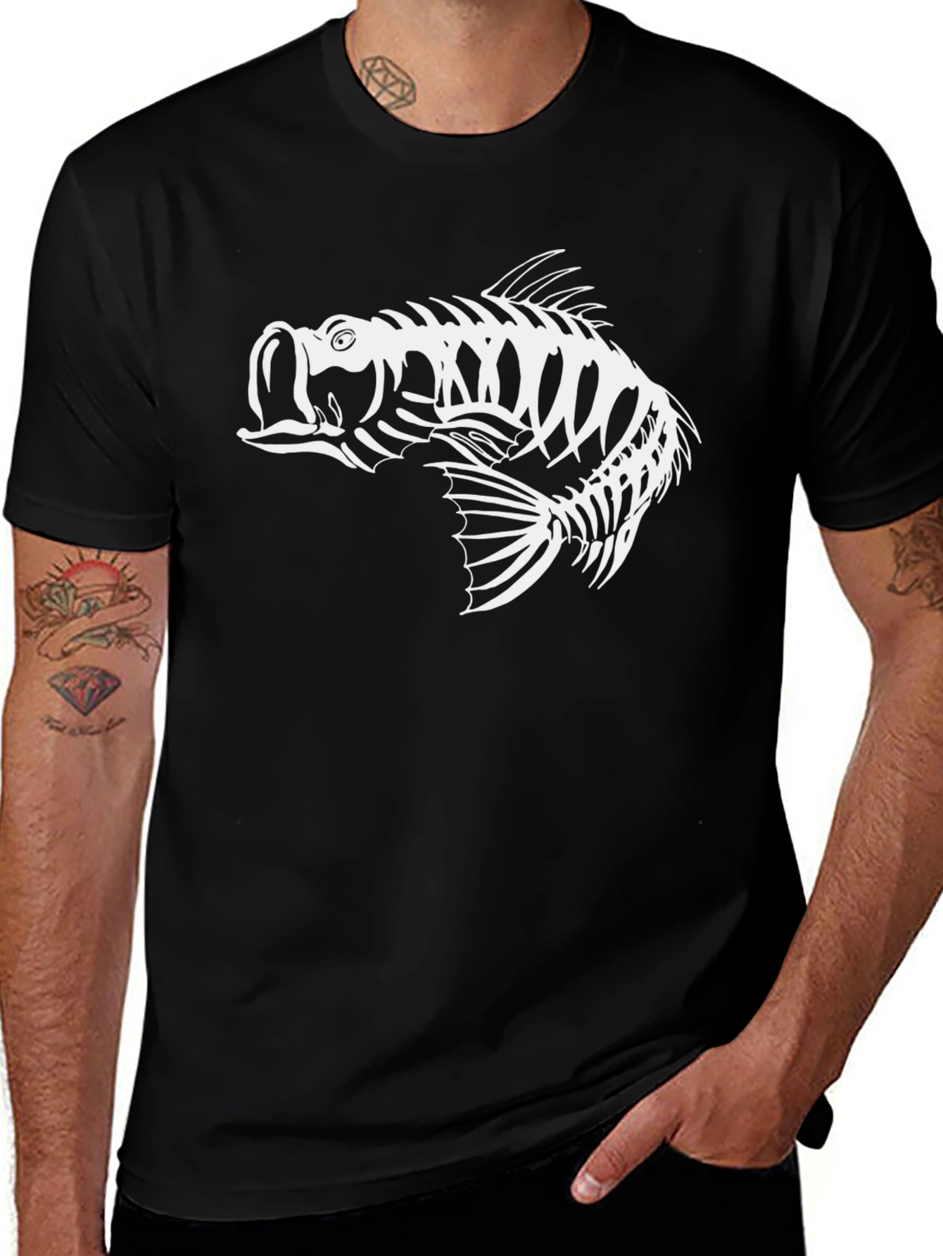 Skeleton Fish Graphic Tee - Black Cotton T-Shirt