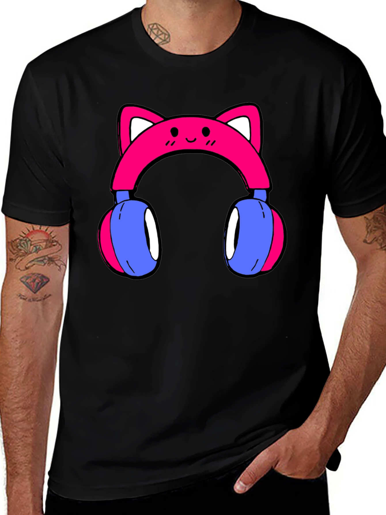 Variant 12 of Cute Cat Ear Headphones Graphic Tee - Black