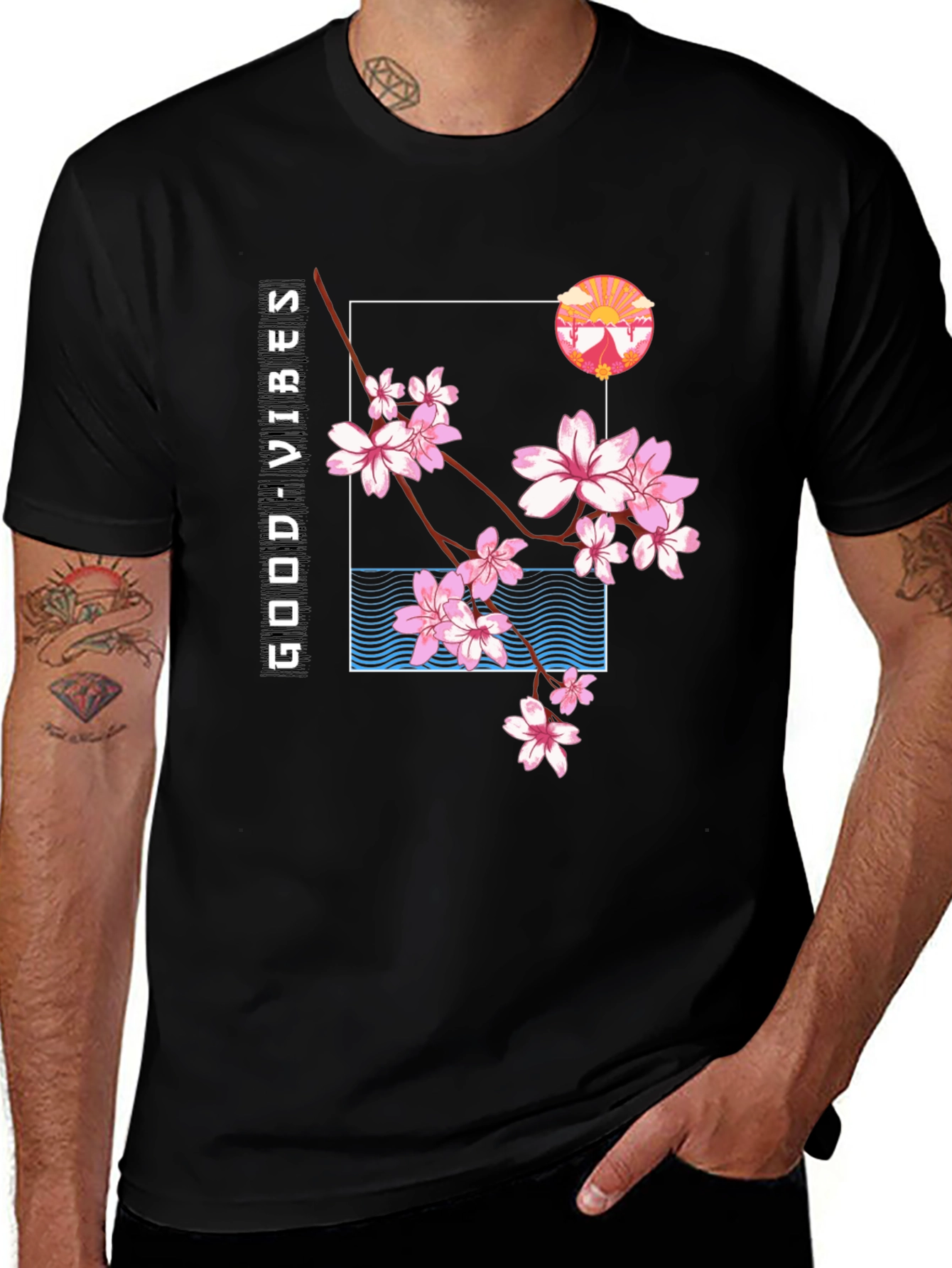 Variant 21 of Good Vibes Cherry Blossom Black T-Shirt