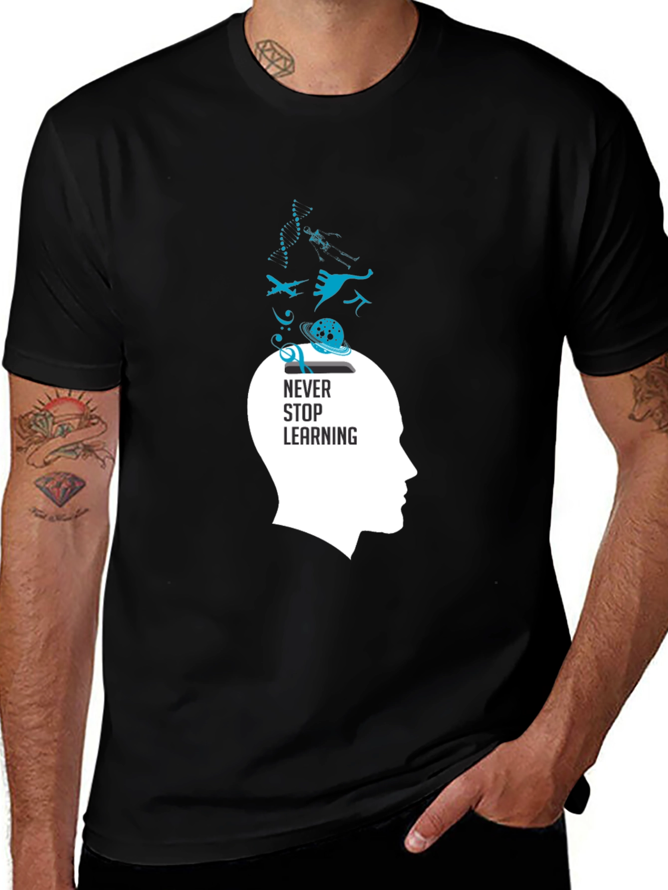 Variant 17 of Never Stop Learning Graphic Tee - Black Cotton T-Shirt