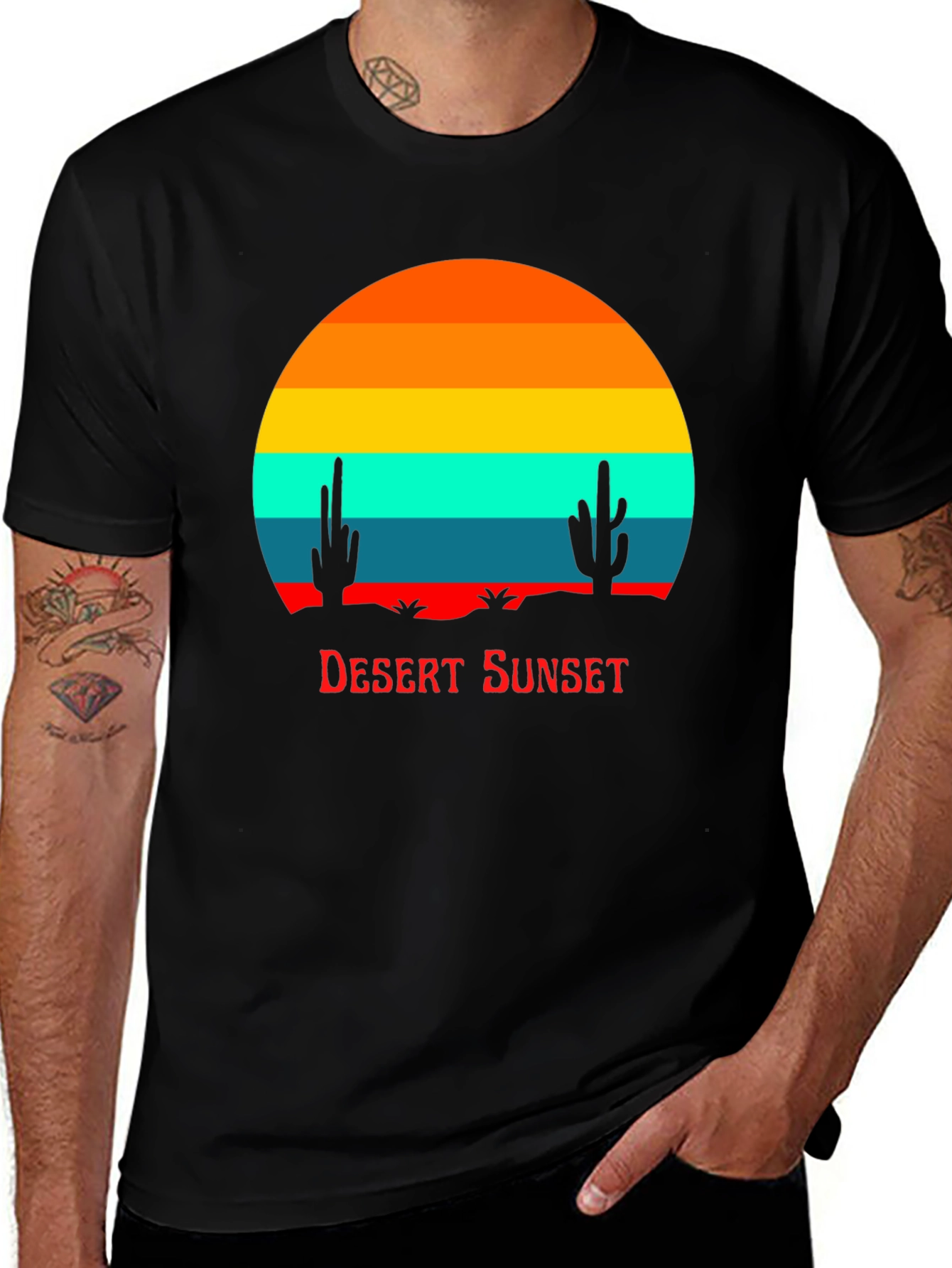 Variant 27 of Retro Desert Sunset Graphic Tee - Black Cotton Blend