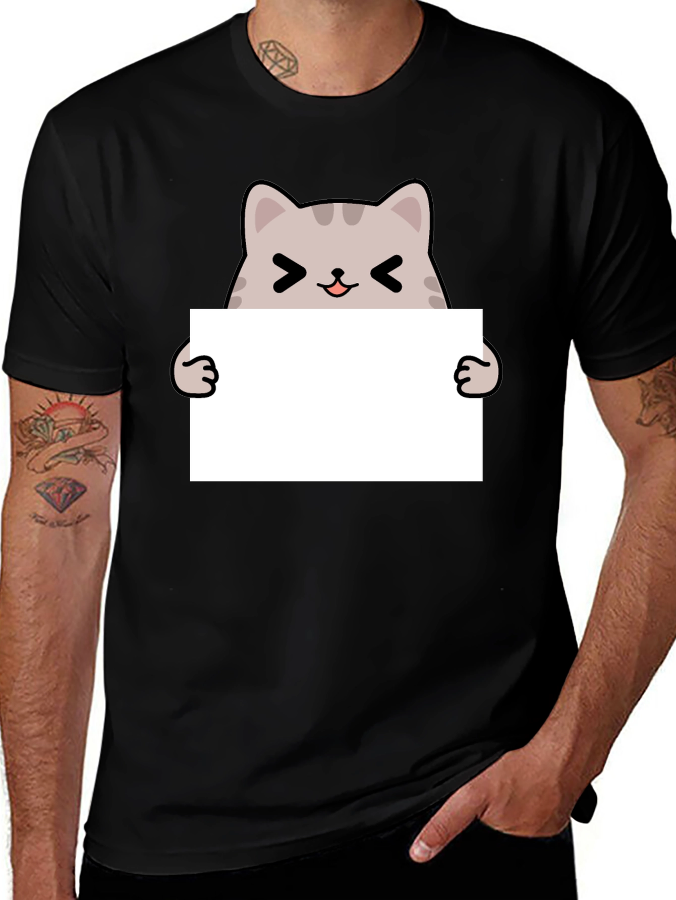 Variant 8 of Cute Cat Holding Blank Sign Black T-Shirt