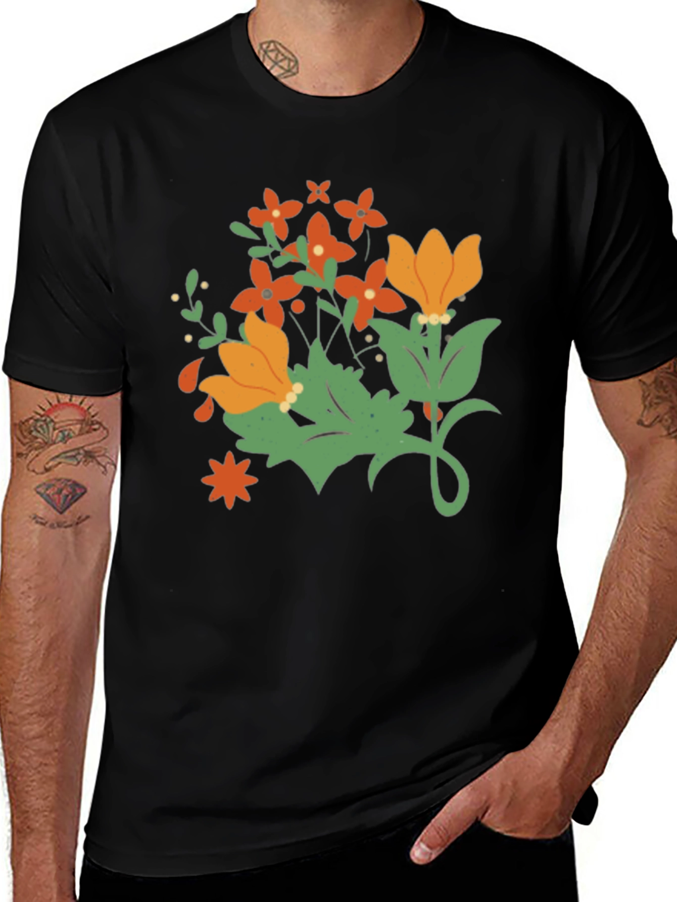 Variant 29 of Floral Graphic Print Men's Black T-Shirt
