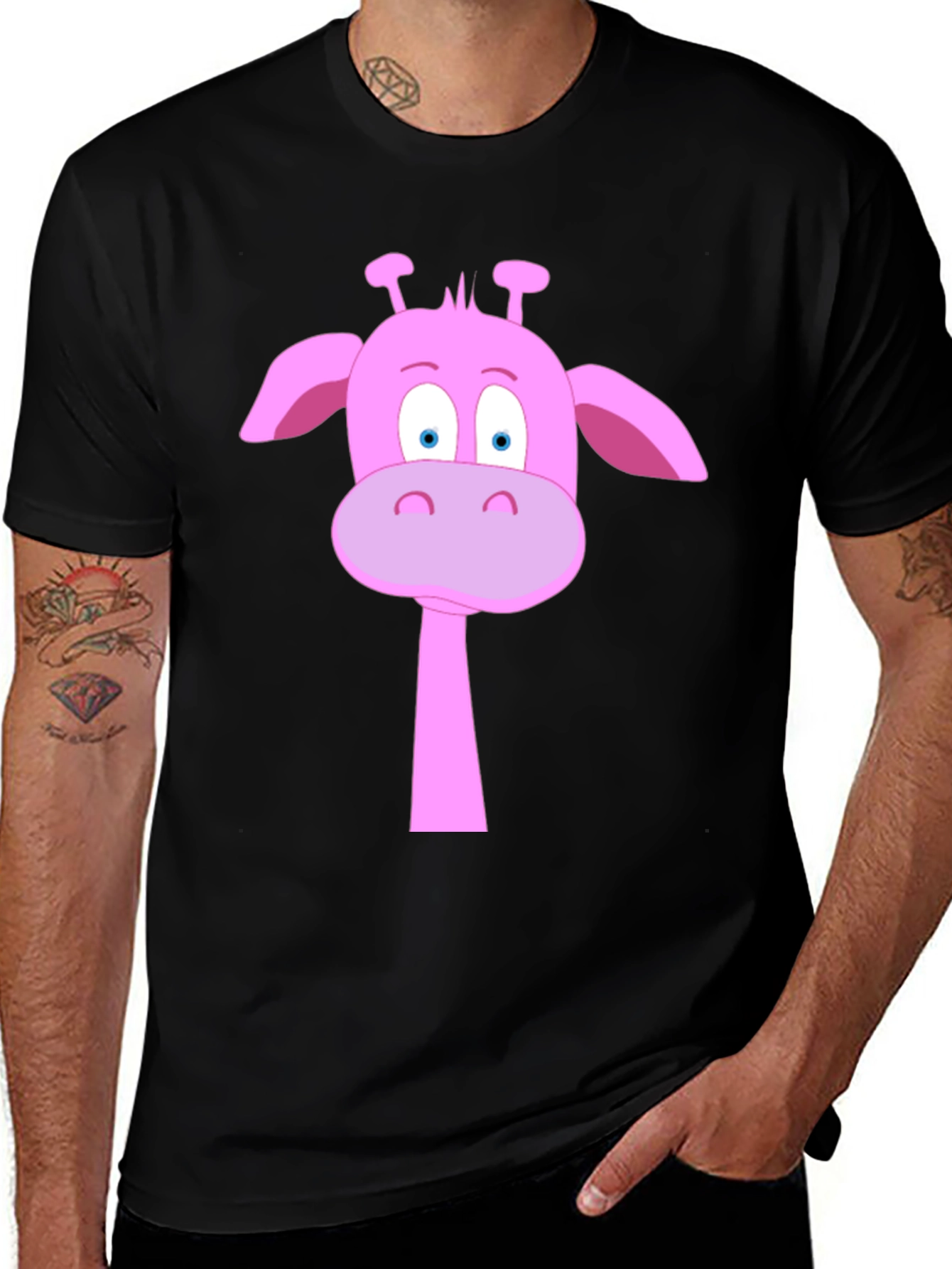 Variant 29 of Black Tee with Pink Cartoon Giraffe Graphic