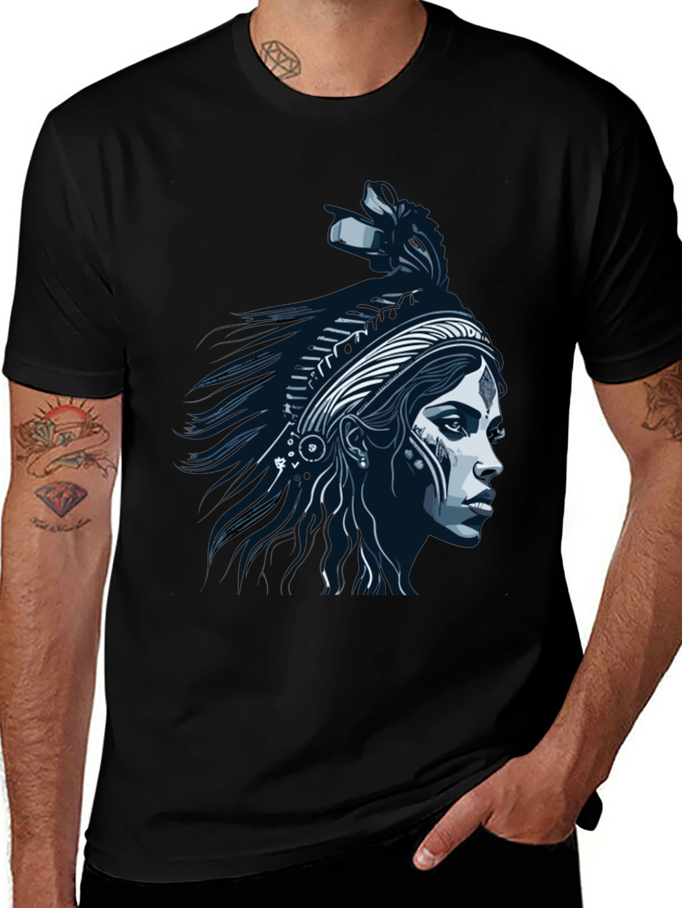 Variant 22 of Native Headdress Graphic Tee - Black Cotton T-Shirt