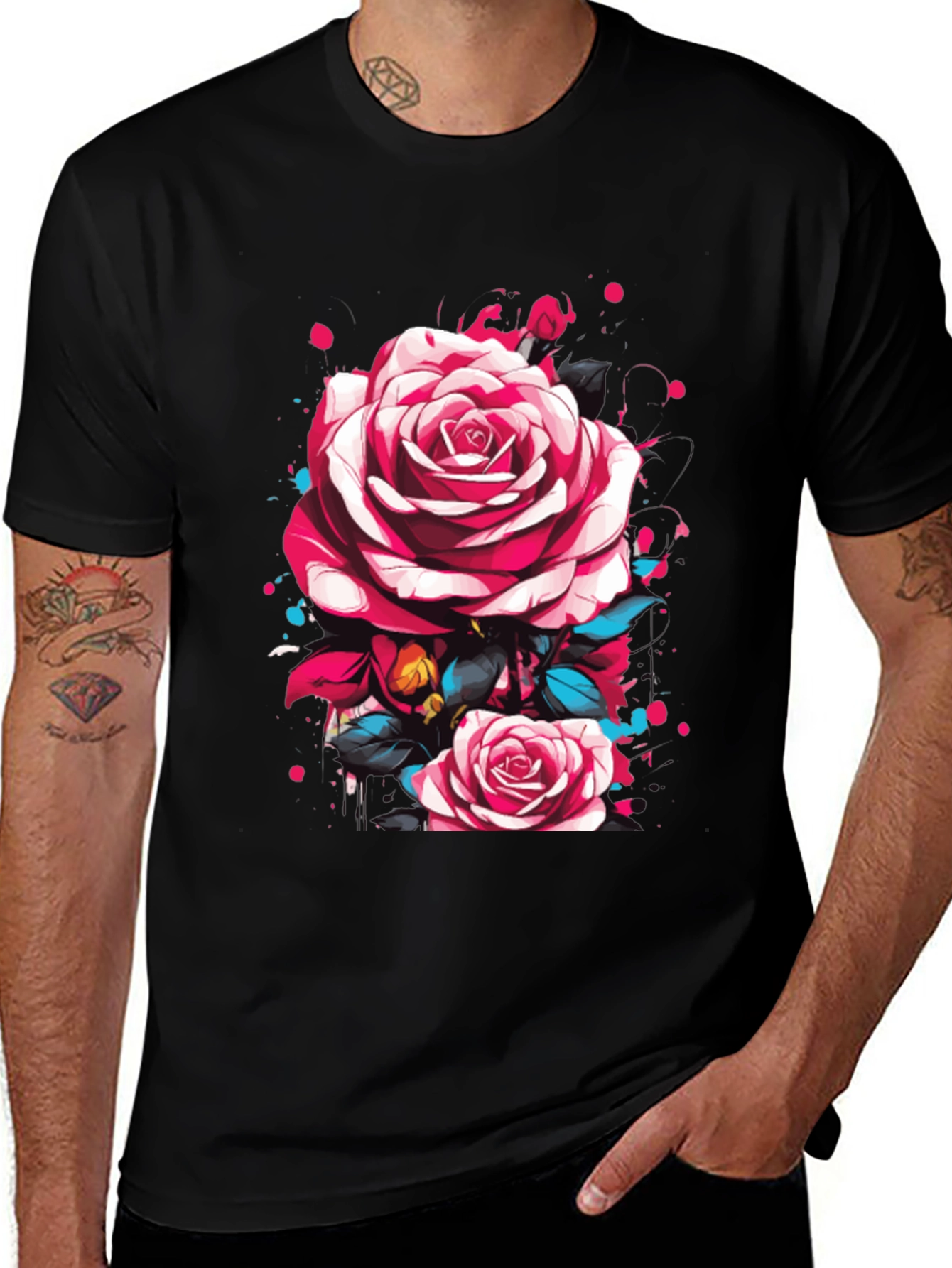 Variant 28 of Men's Black T-Shirt with Floral Rose Design