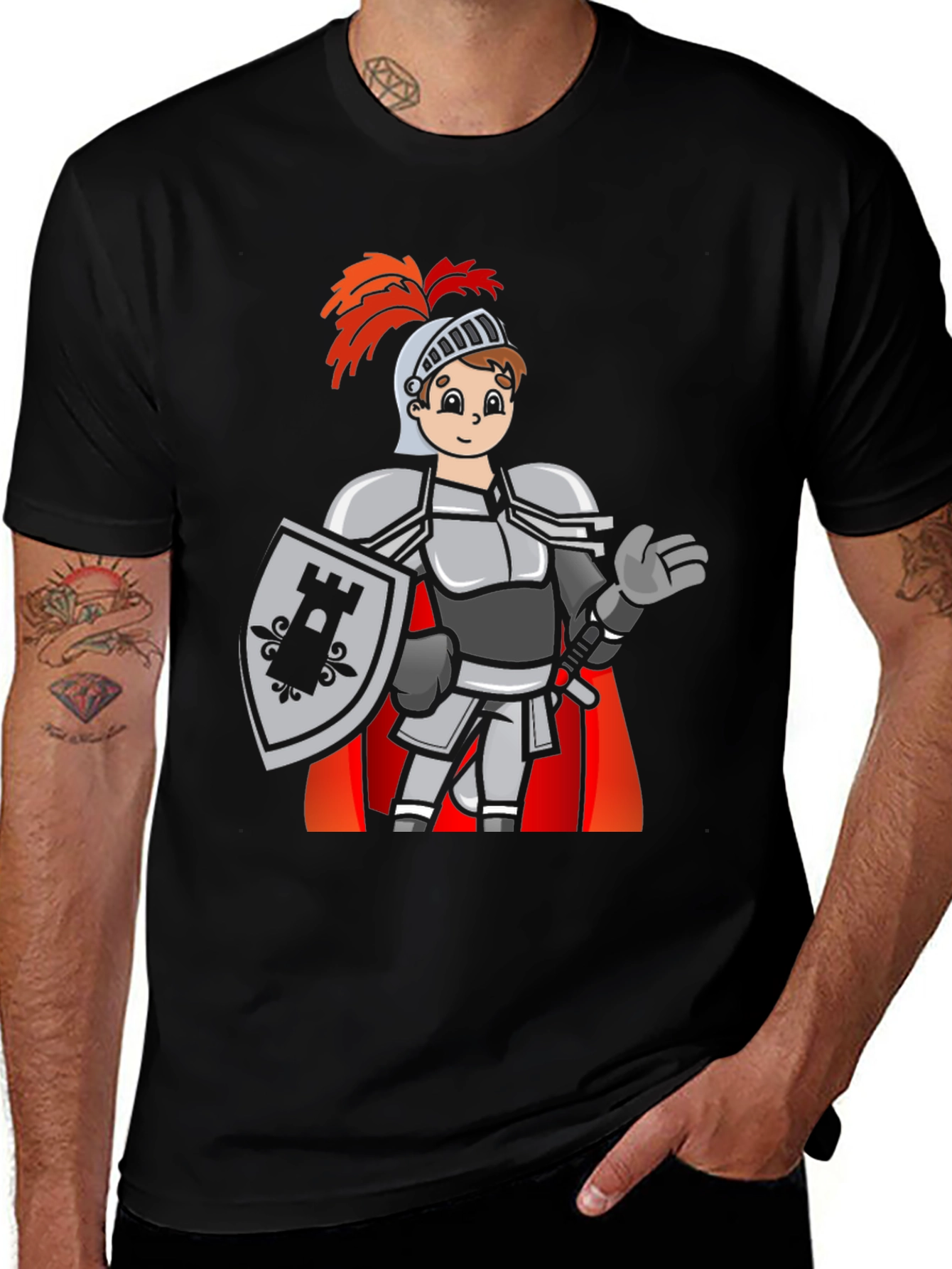 Variant 26 of Cartoon Knight Graphic Tee - Black Casual T-Shirt