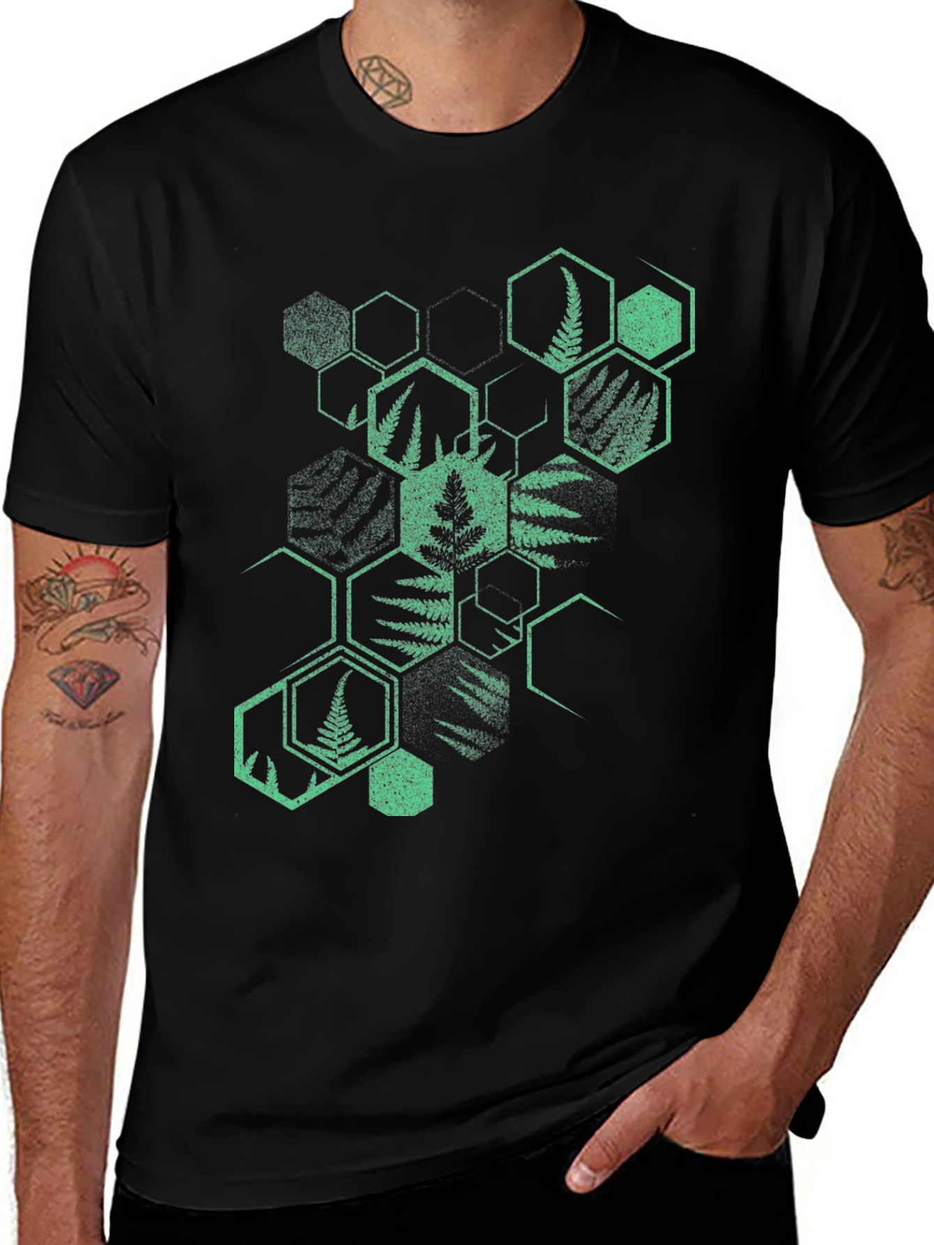 Geometric Fern Print Black T-Shirt