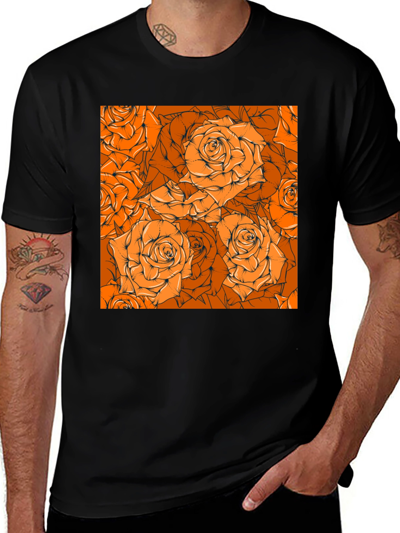 Variant 16 of Floral Orange Rose Pattern Black T-Shirt