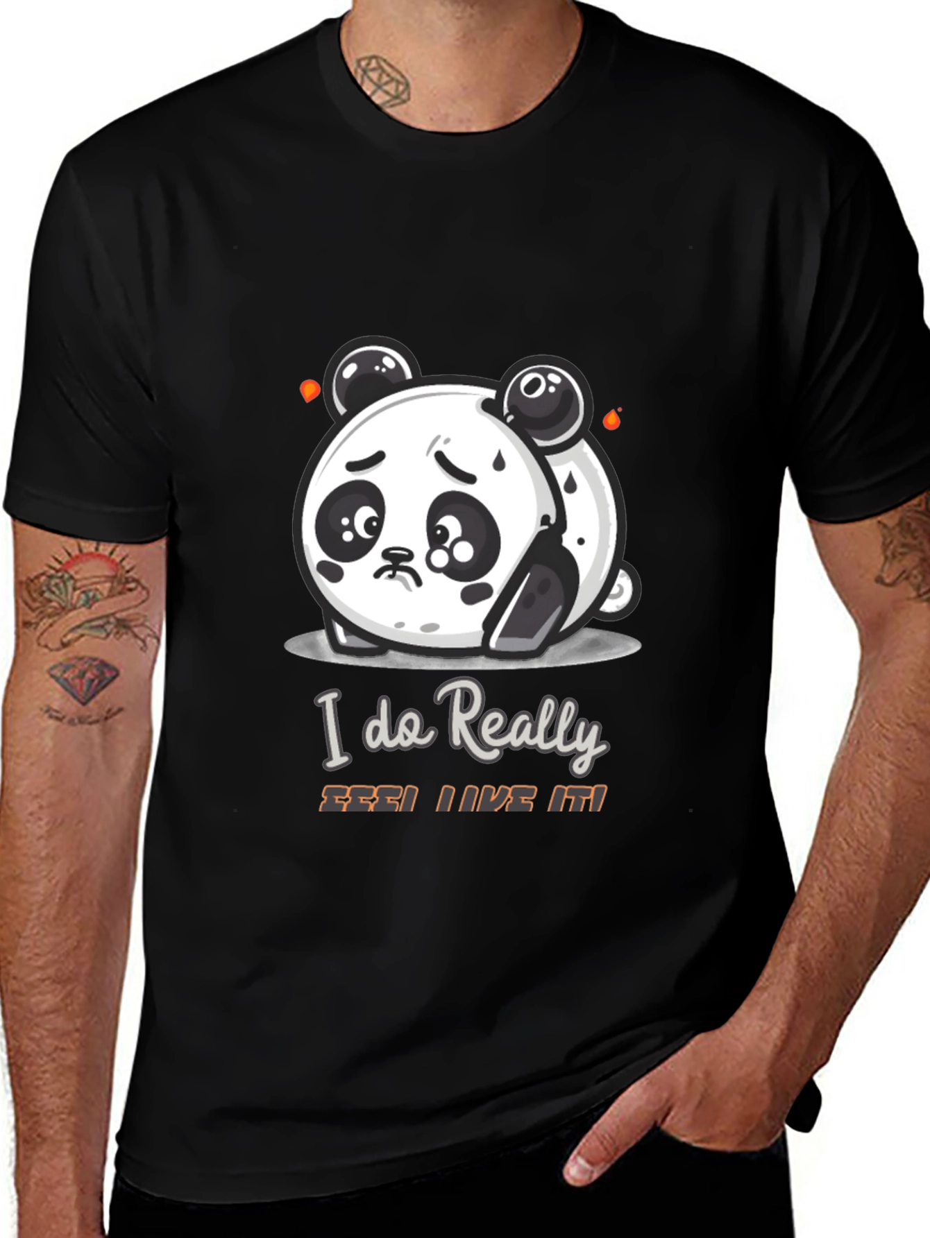 Black Sad Panda Cartoon Graphic T-Shirt main image