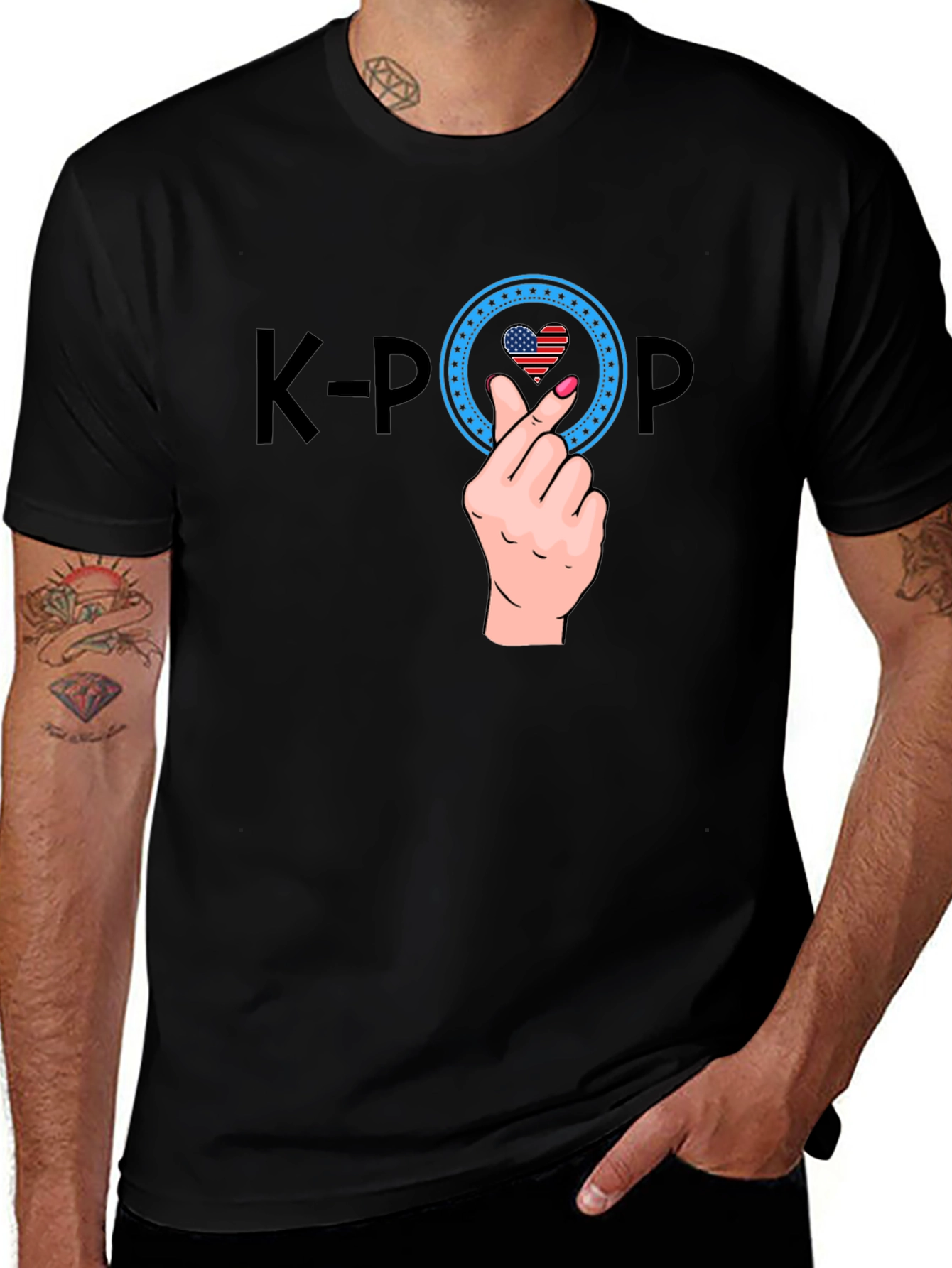 K-Pop Heart Sign Graphic Tee - USA Flag