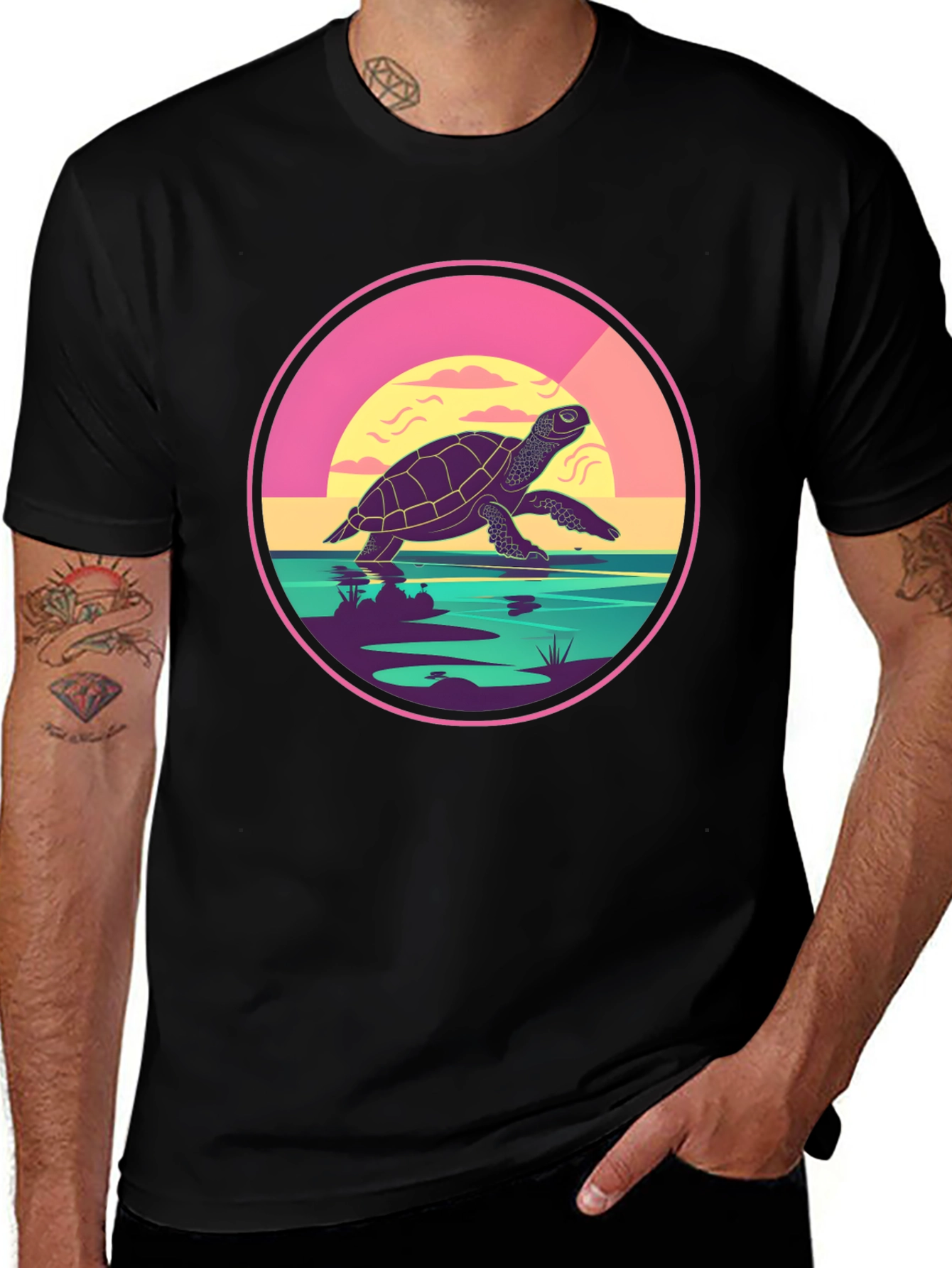 Variant 30 of Turtle Sunset Graphic Tee - Unique Round Design