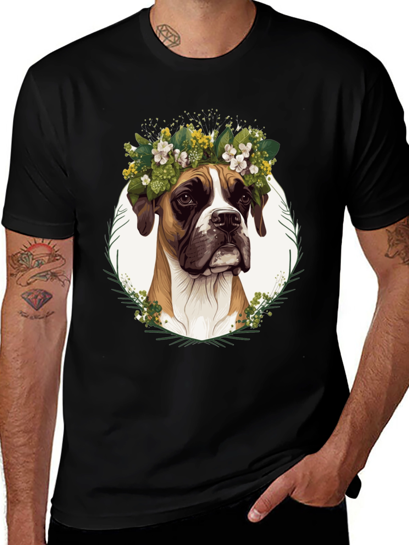 Variant 13 of Boxer Dog Floral Crown T-Shirt - Unisex