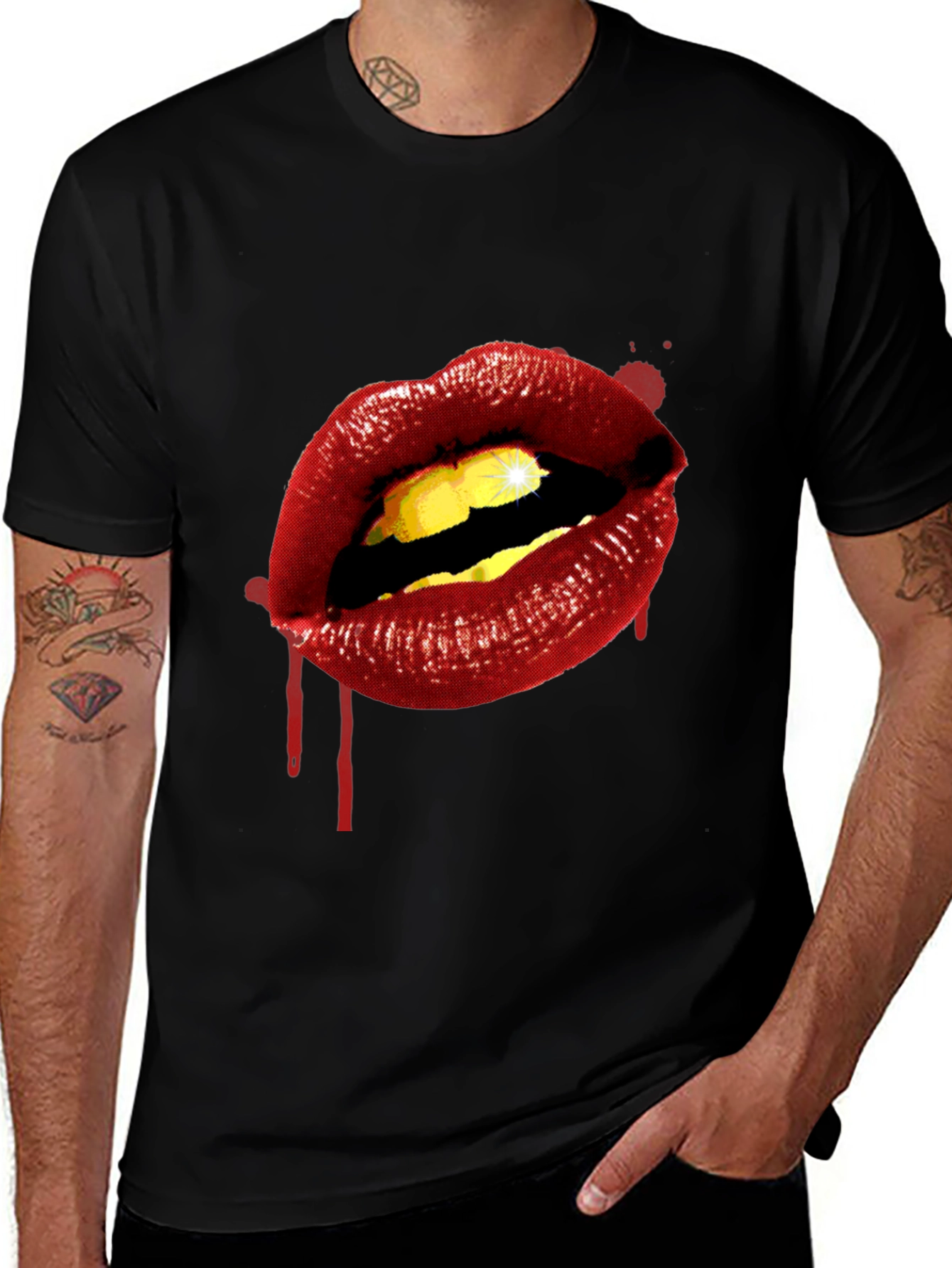 Red Lips Graphic Black T-Shirt
