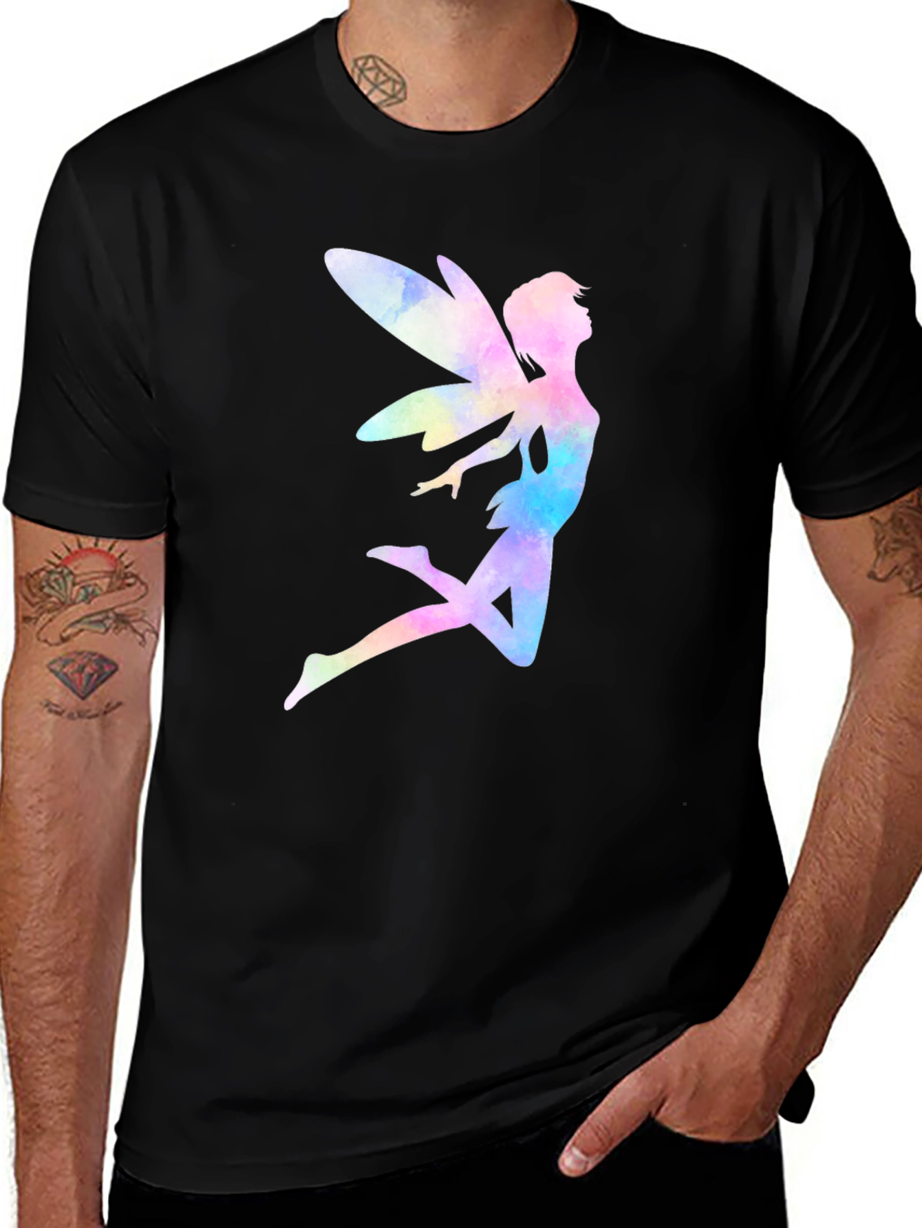 Variant 29 of Watercolor Fairy Graphic T-Shirt - Black Cotton Blend