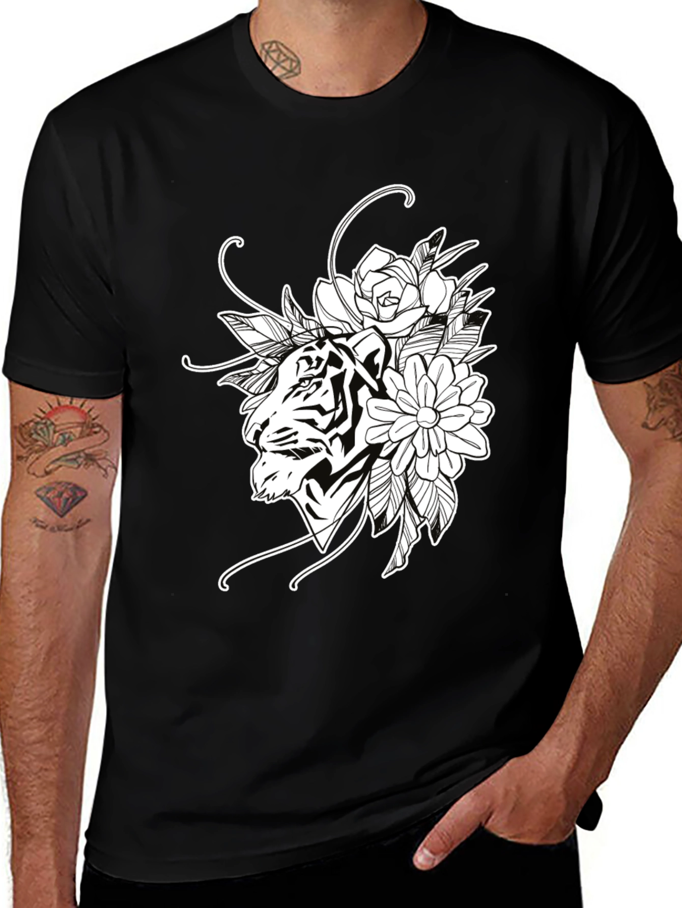 Variant 15 of Tiger Floral Print Black Cotton T-Shirt