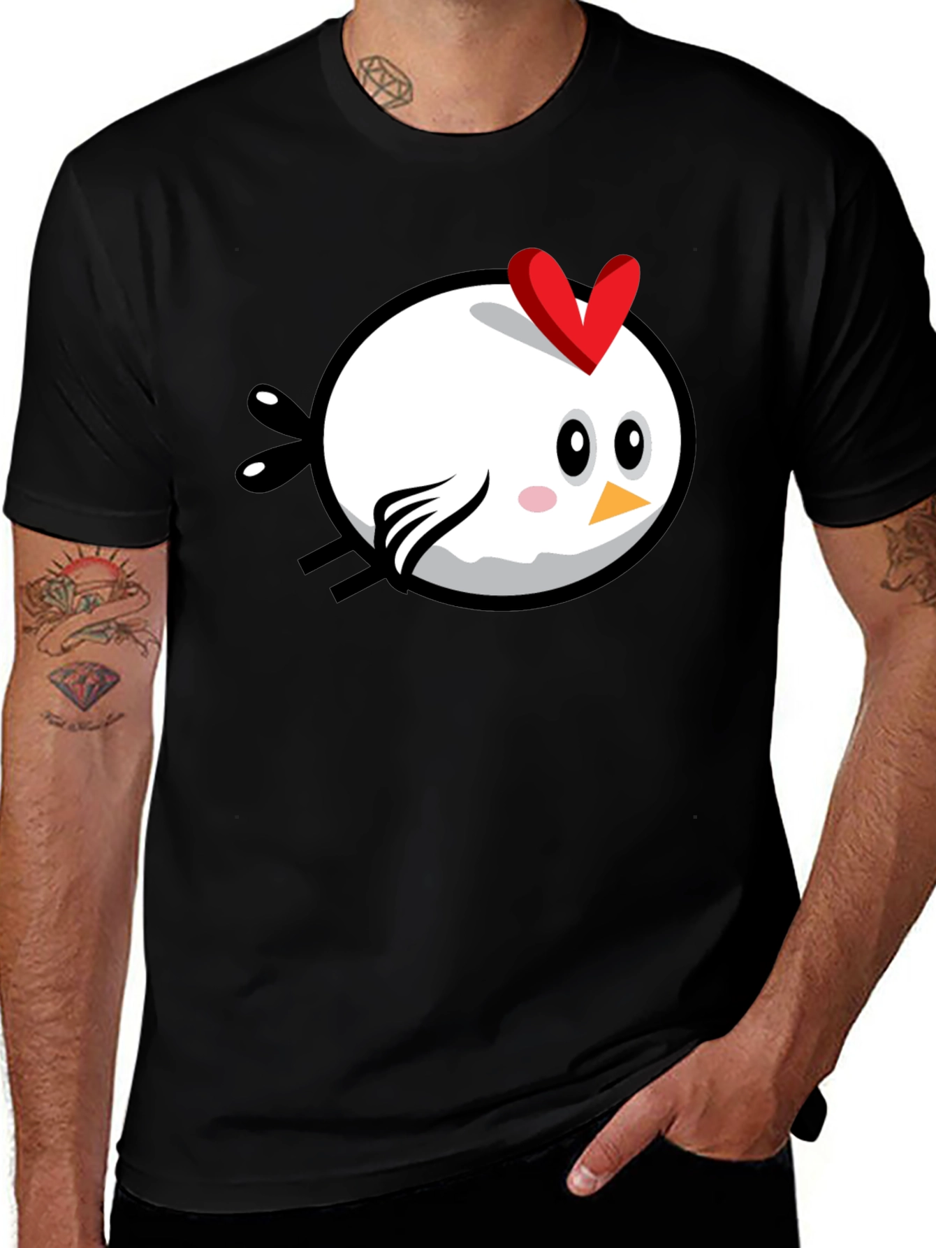 Variant 21 of Cartoon Chicken Graphic Tee - Black Cotton T-Shirt