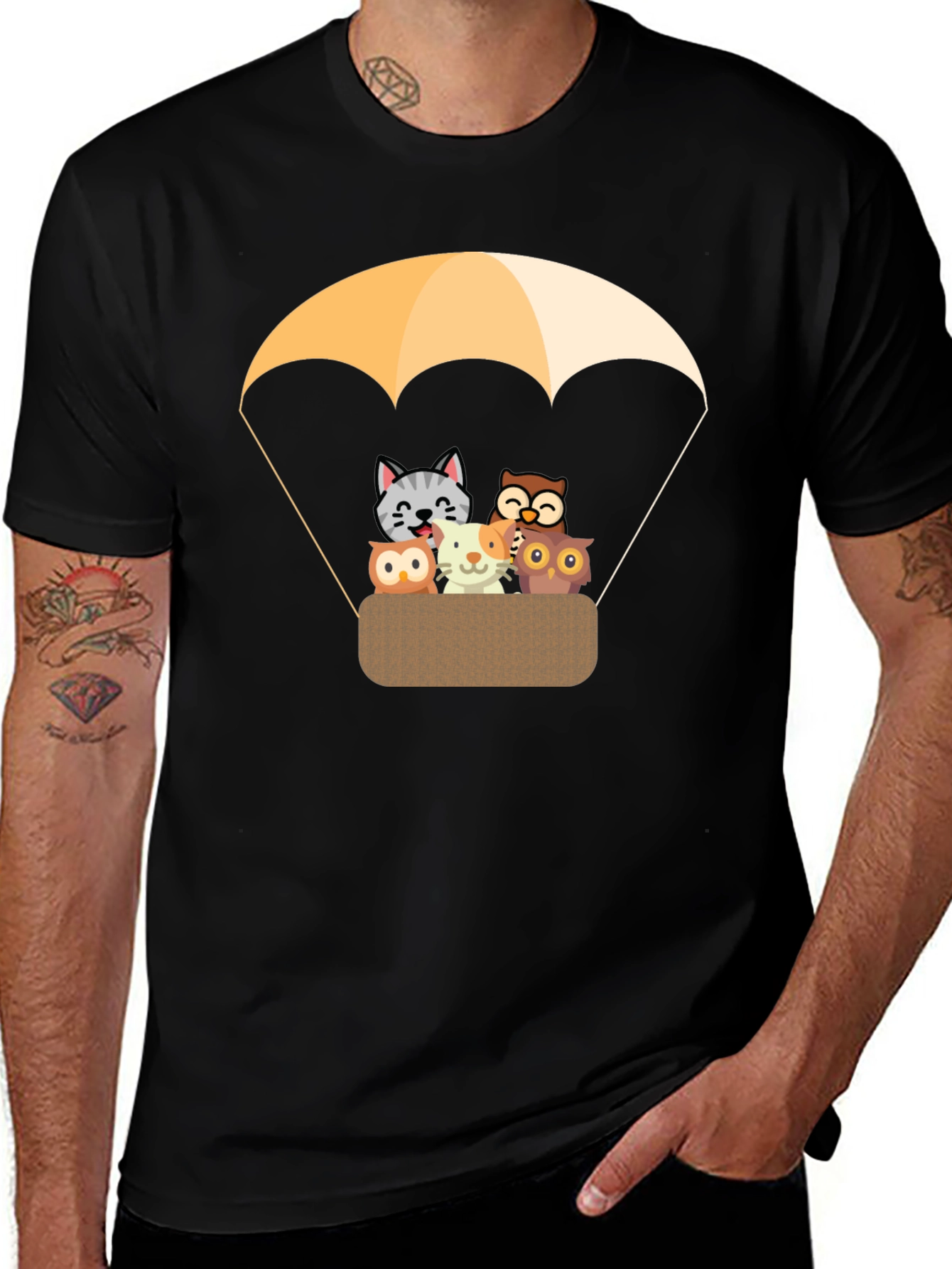 Variant 29 of Cute Cartoon Cats & Owls Parachute Graphic Tee