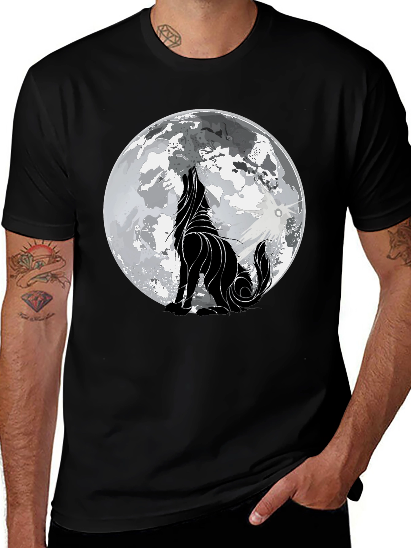 Variant 14 of Wolf Howling at Moon Graphic Black T-Shirt