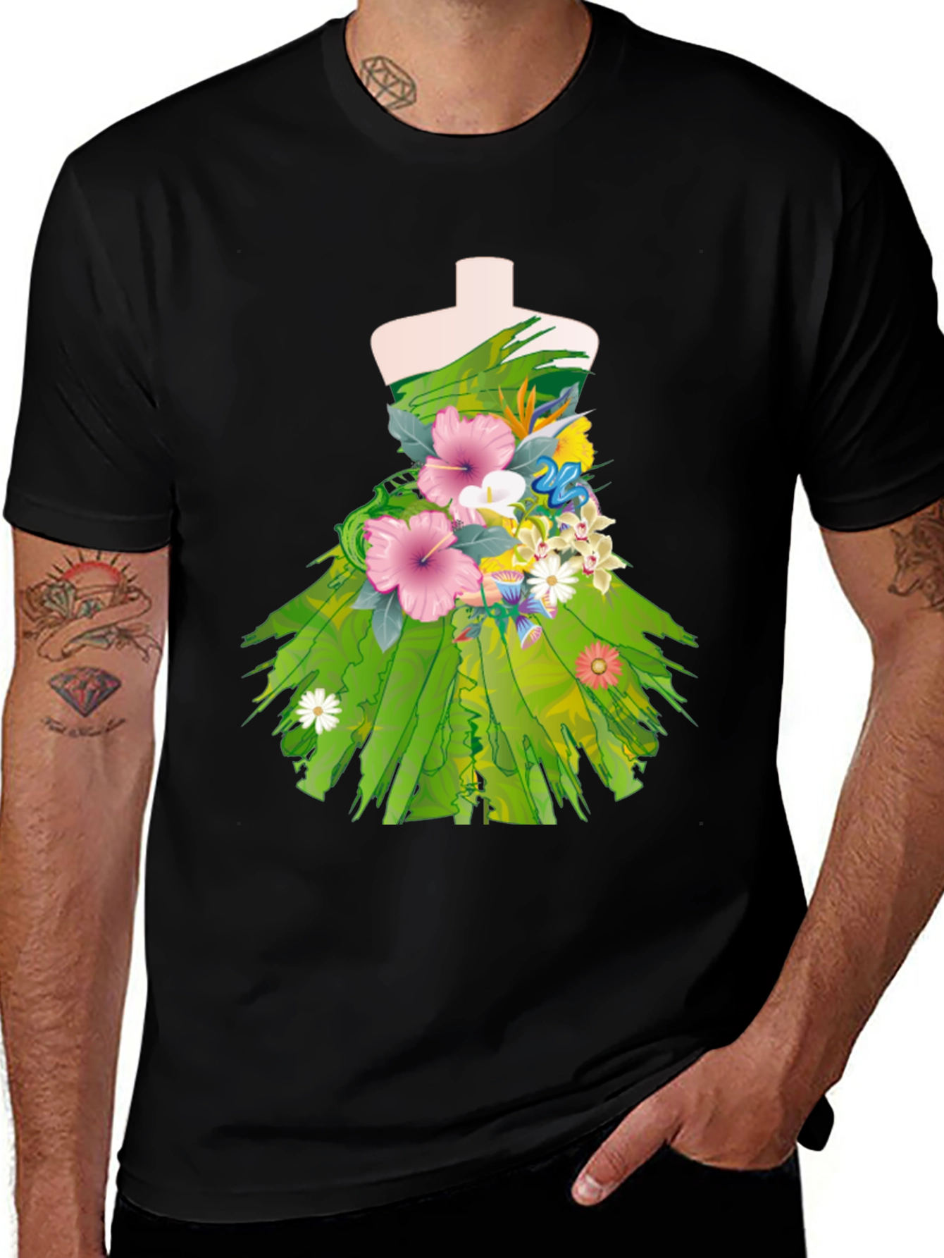 Variant 21 of Floral Dress Design Black T-Shirt
