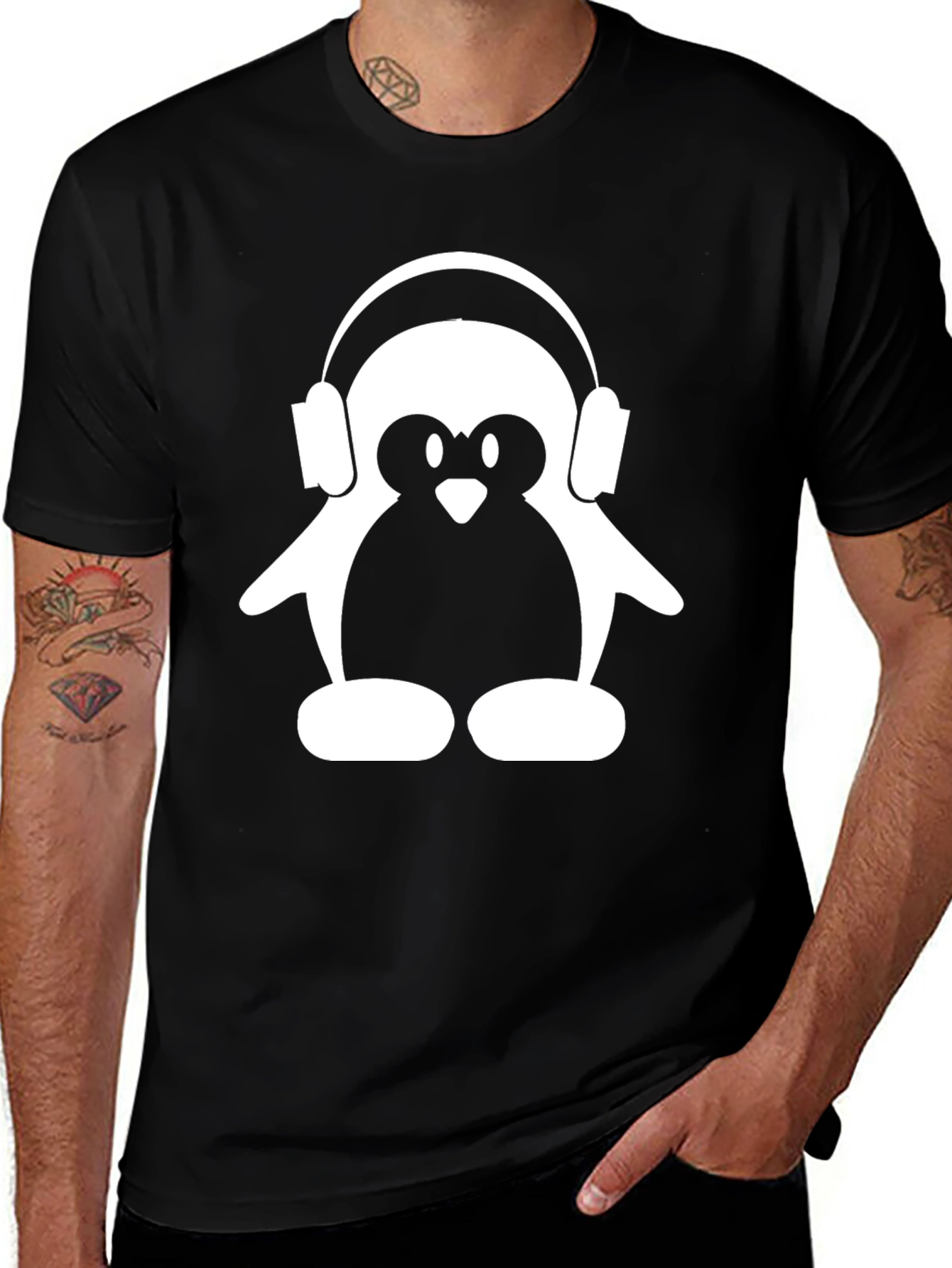 Variant 5 of Penguin DJ Black T-Shirt - Cool Music Lover Tee
