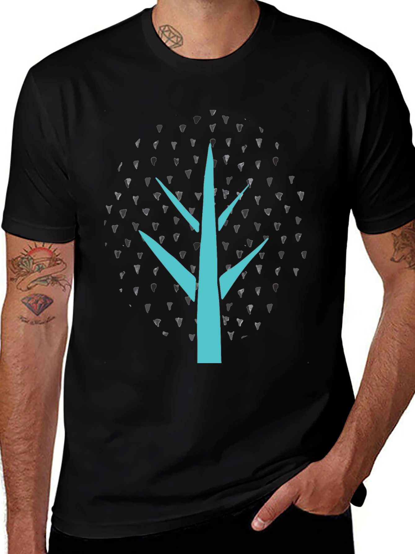 Abstract Teal Tree Graphic Black T-Shirt