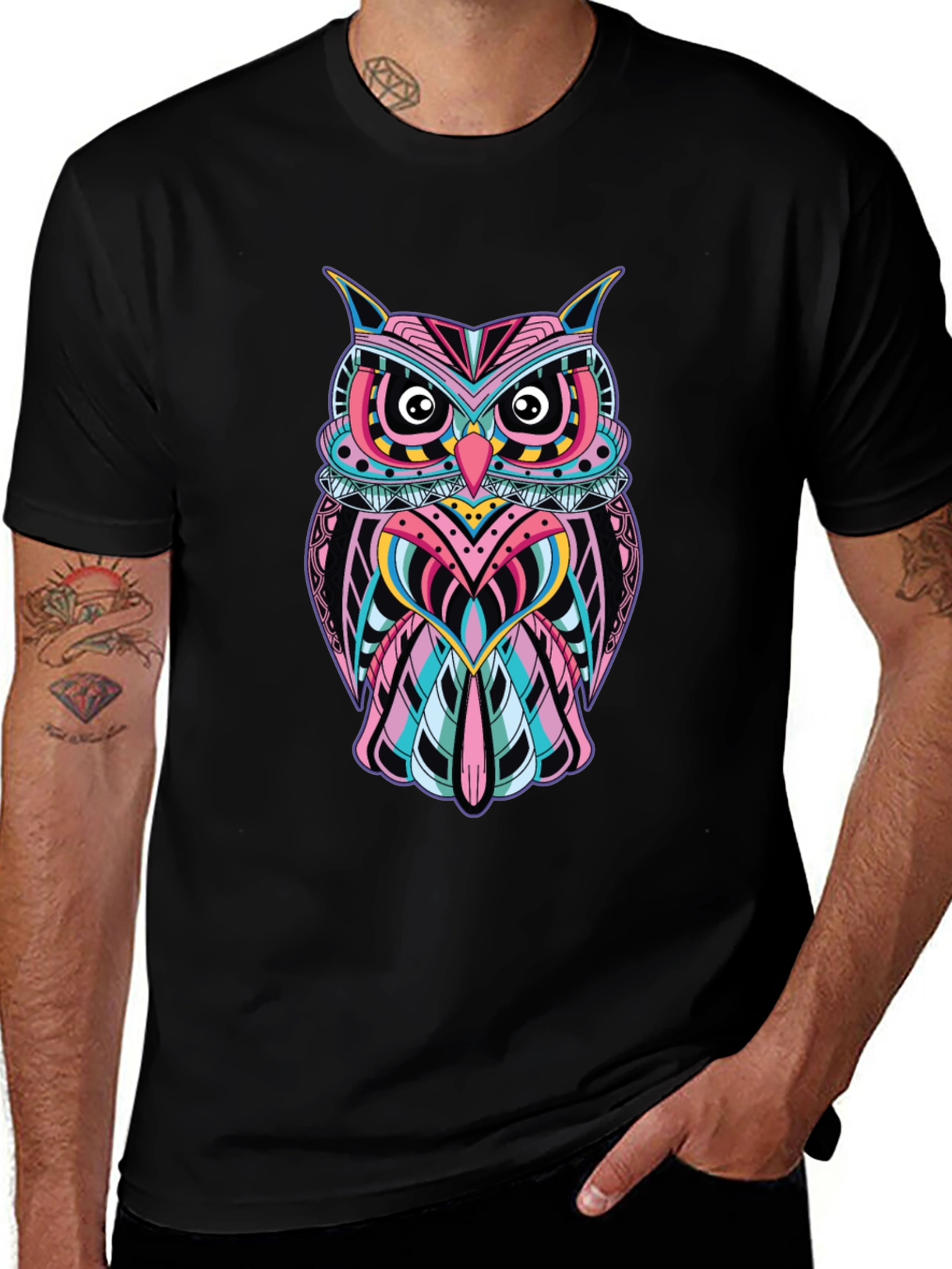 Black Vibrant Owl Graphic Print Black T-Shirt main image