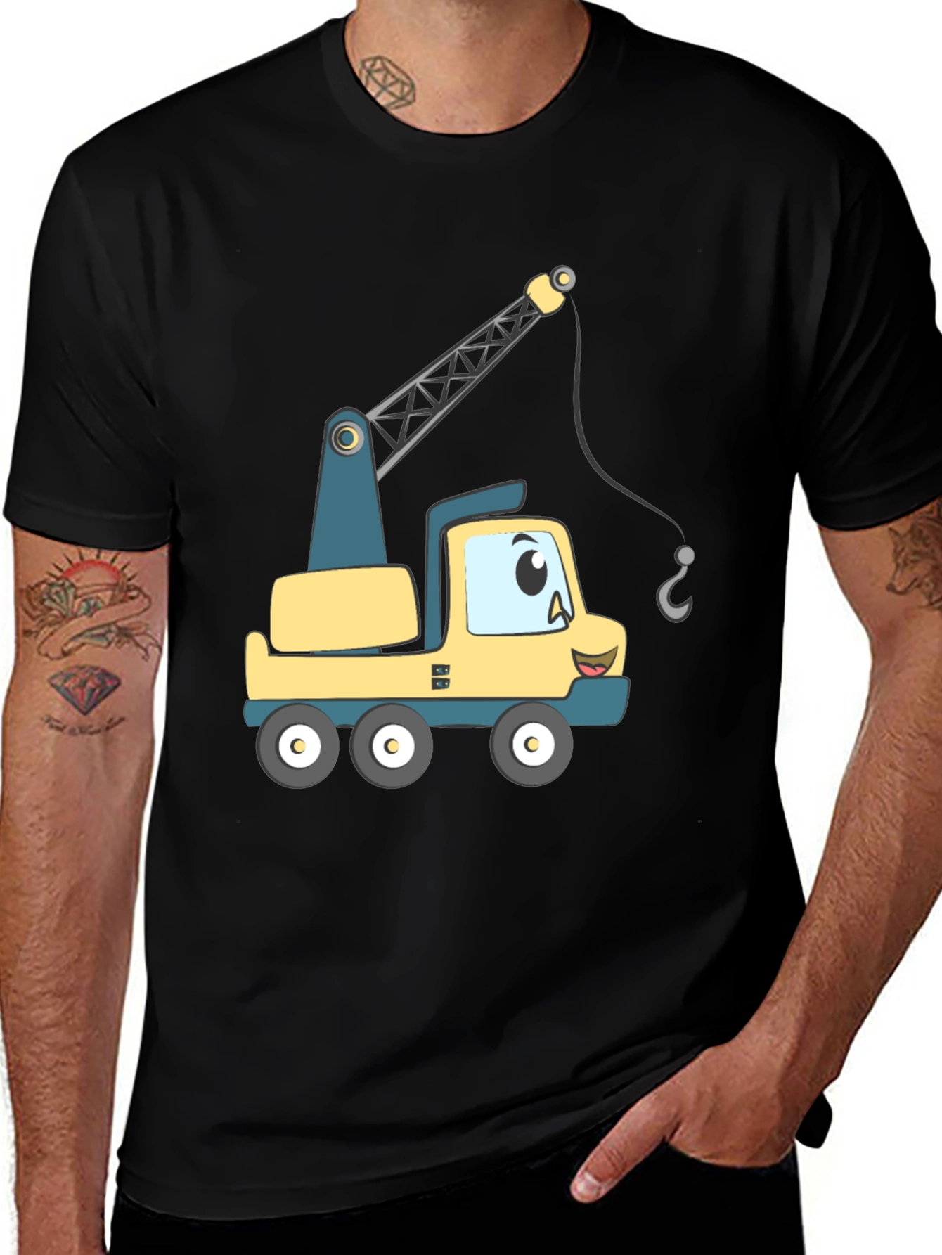 Variant 6 of Cartoon Crane Truck Graphic T-Shirt - Black