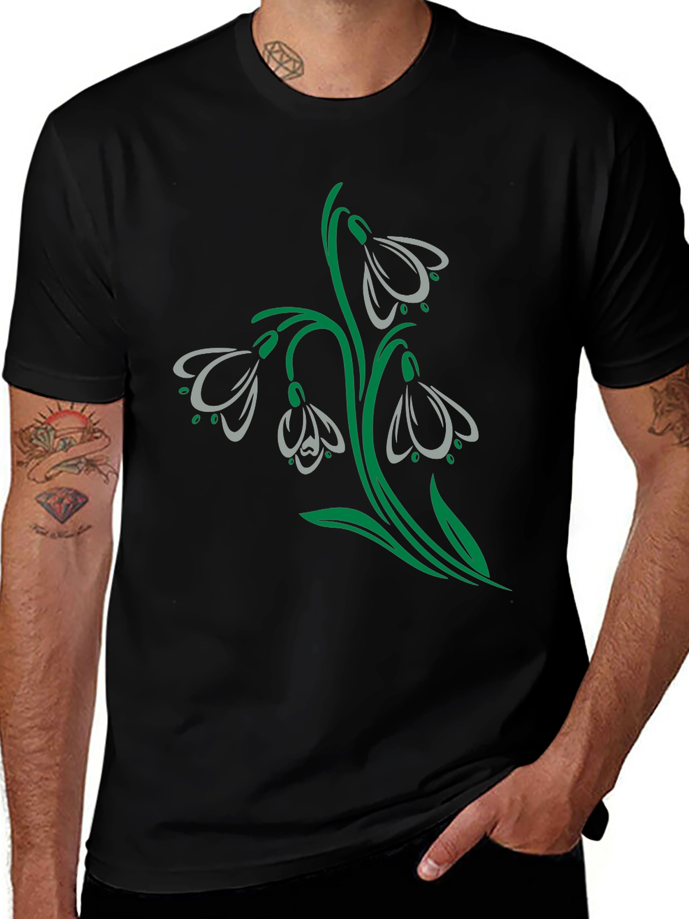 Snowdrop Flower Graphic Black T-Shirt