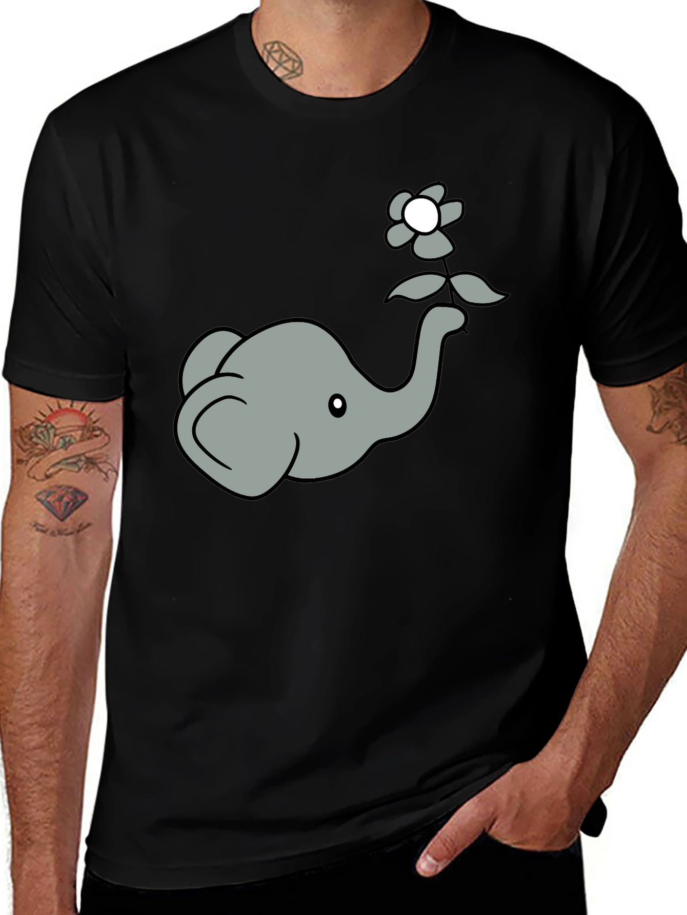 Variant 21 of Cute Elephant & Flower Graphic Tee - Soft Black Cotton Shirt