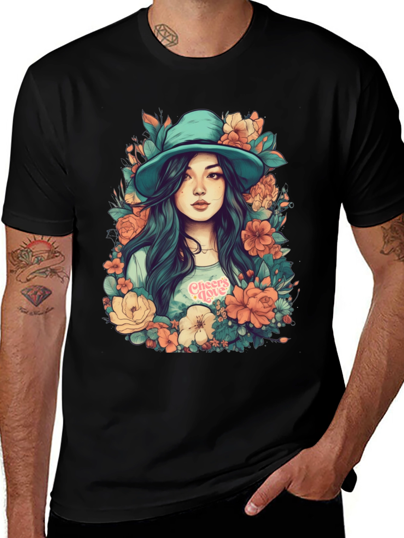 Variant 28 of Floral Girl Graphic Print Black T-Shirt