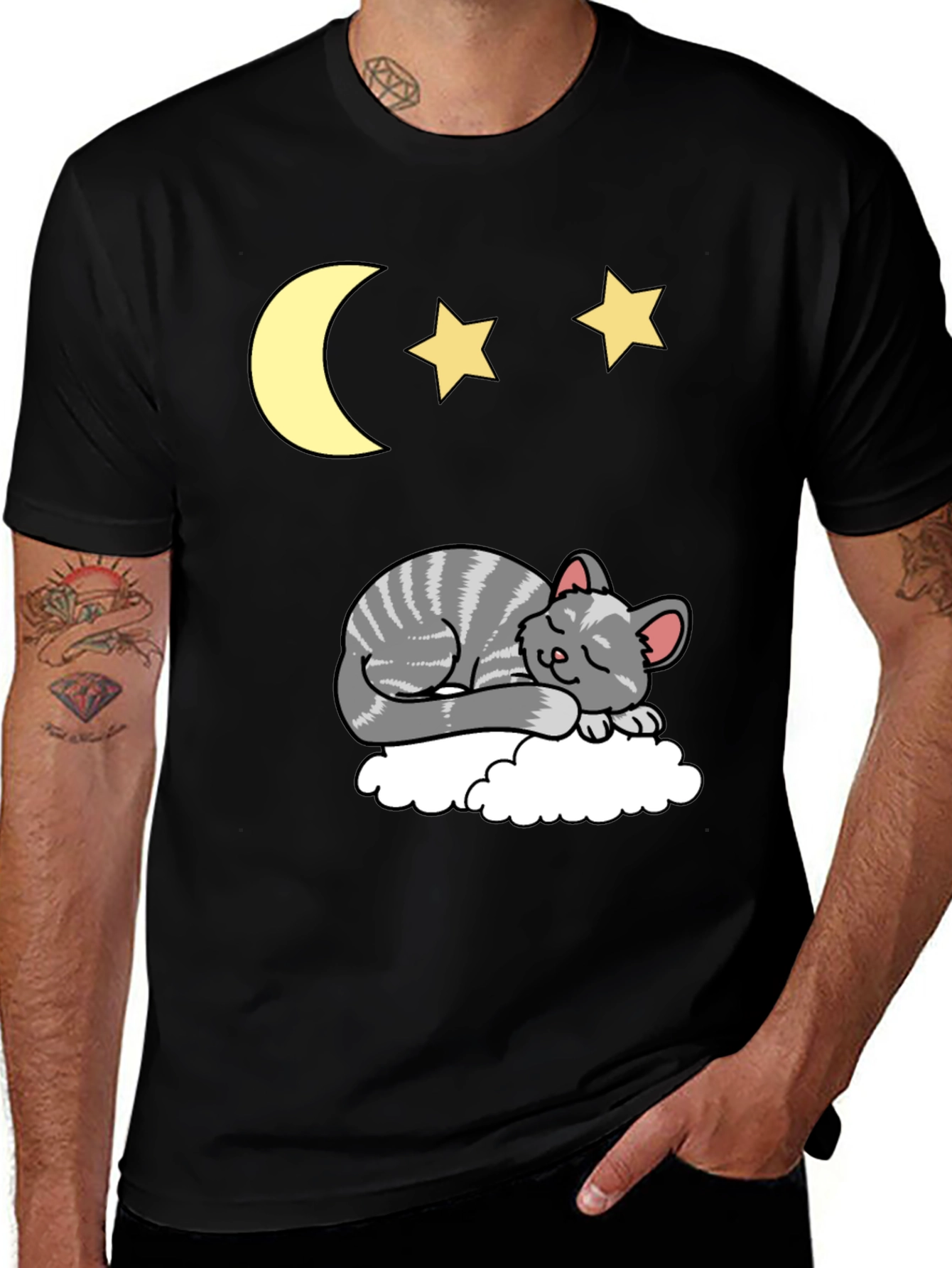 Variant 22 of Sleepy Cat Moon & Stars Graphic Tee - Black