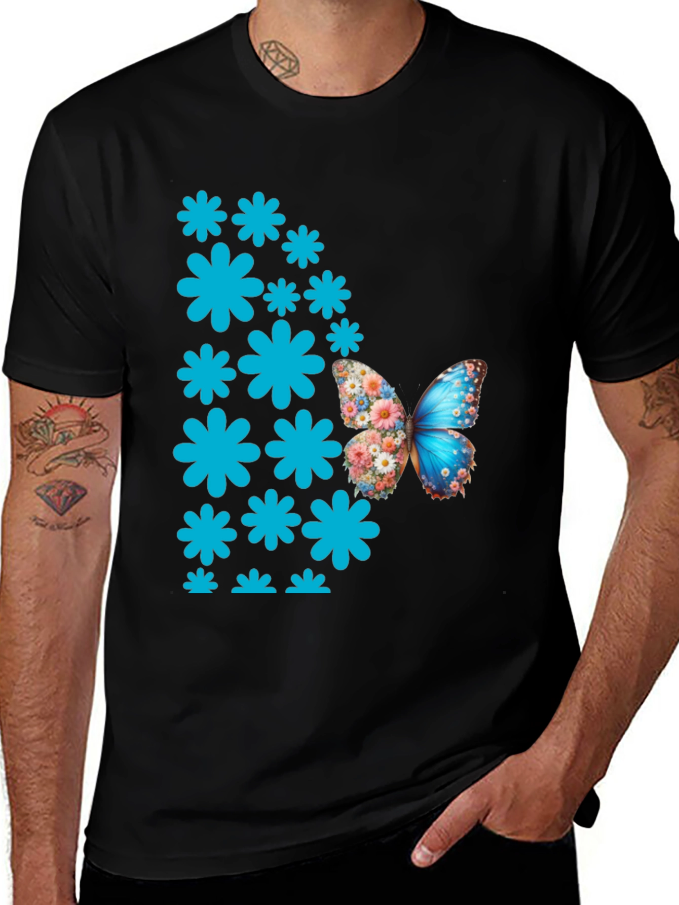 Variant 16 of Floral Butterfly Graphic Tee - Men's Black T-Shirt