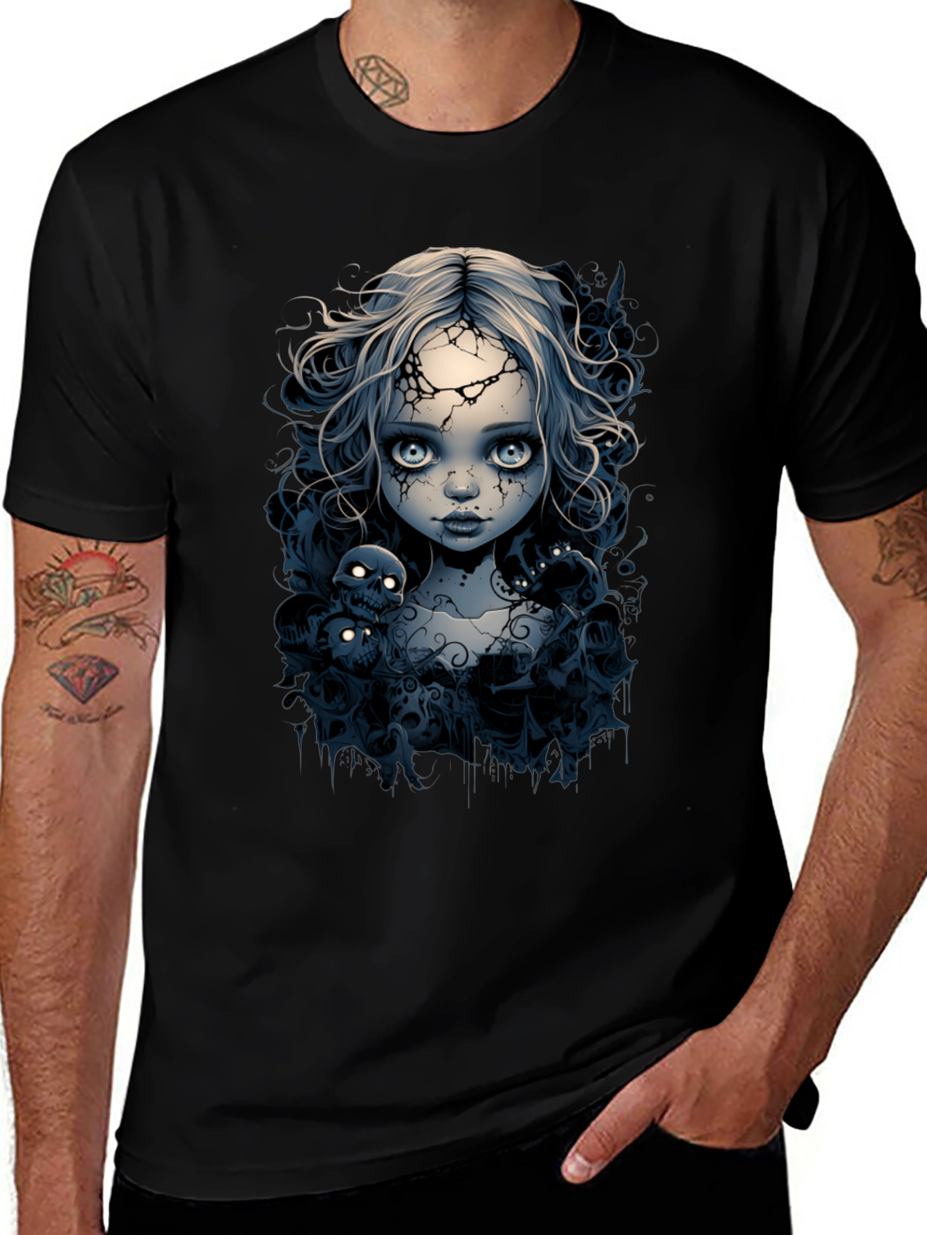 Variant 9 of Creepy Doll T-Shirt - Gothic Skull Design