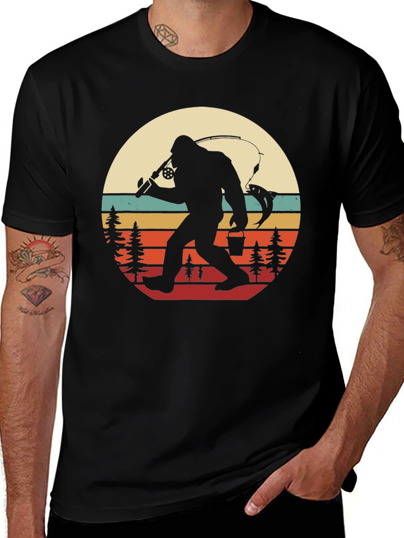 Variant 11 of Bigfoot Fishing Retro Graphic Tee