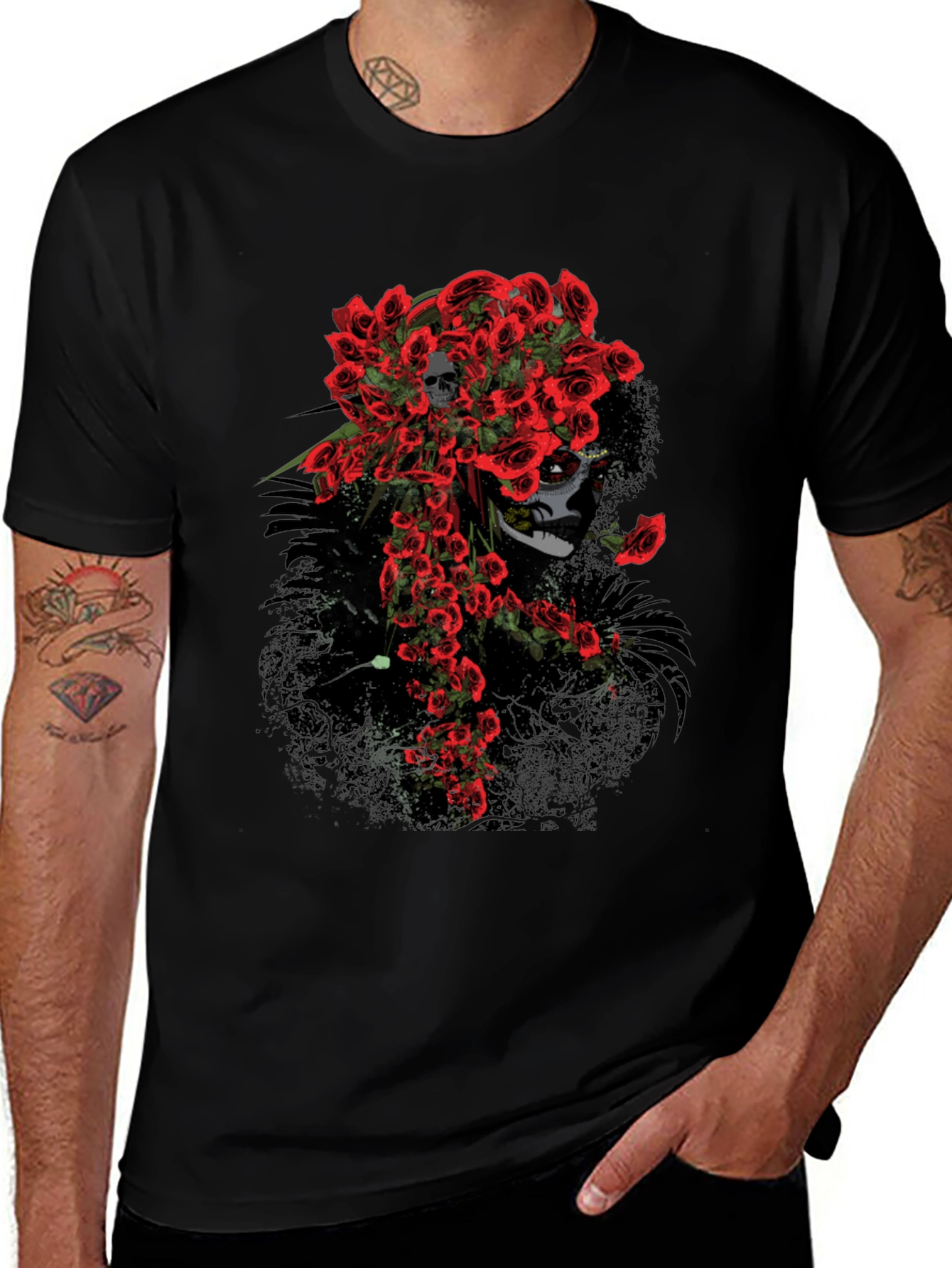 Variant 11 of Skull and Roses Graphic Tee - Black Cotton T-Shirt