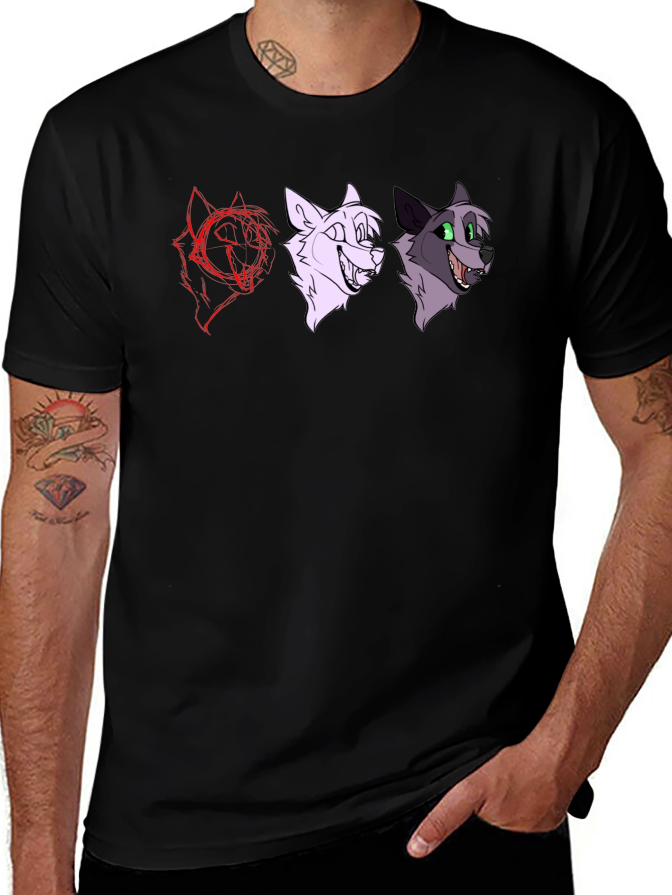 Variant 25 of Cartoon Wolf Faces Black T-Shirt