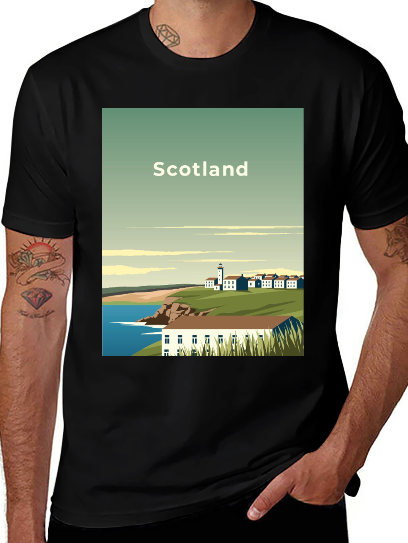 Variant 15 of Scotland Landscape Graphic Tee - Black Cotton Casual Shirt