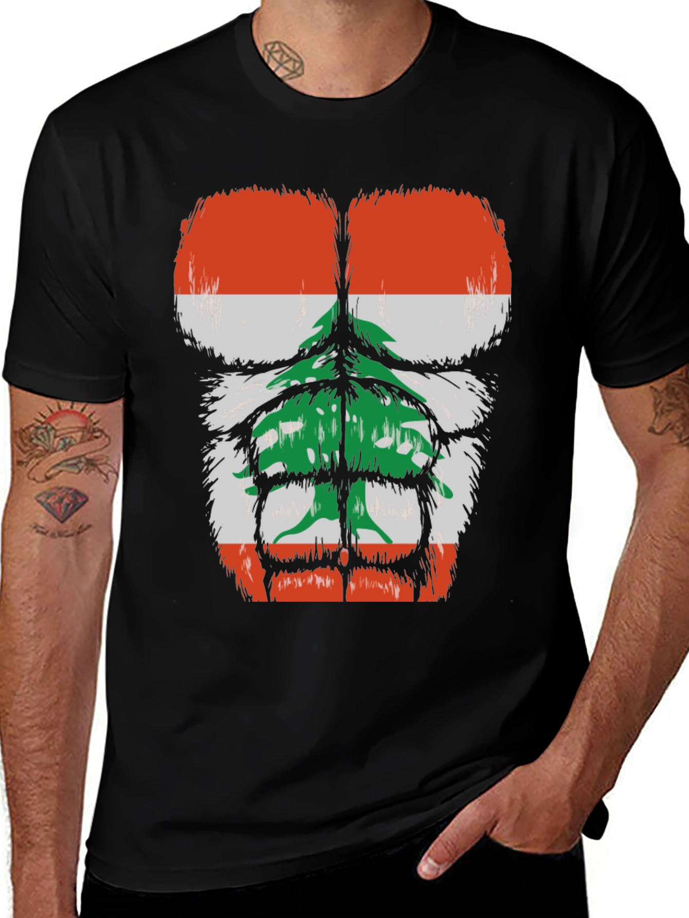 Lebanon Flag Muscle Chest Black T-Shirt